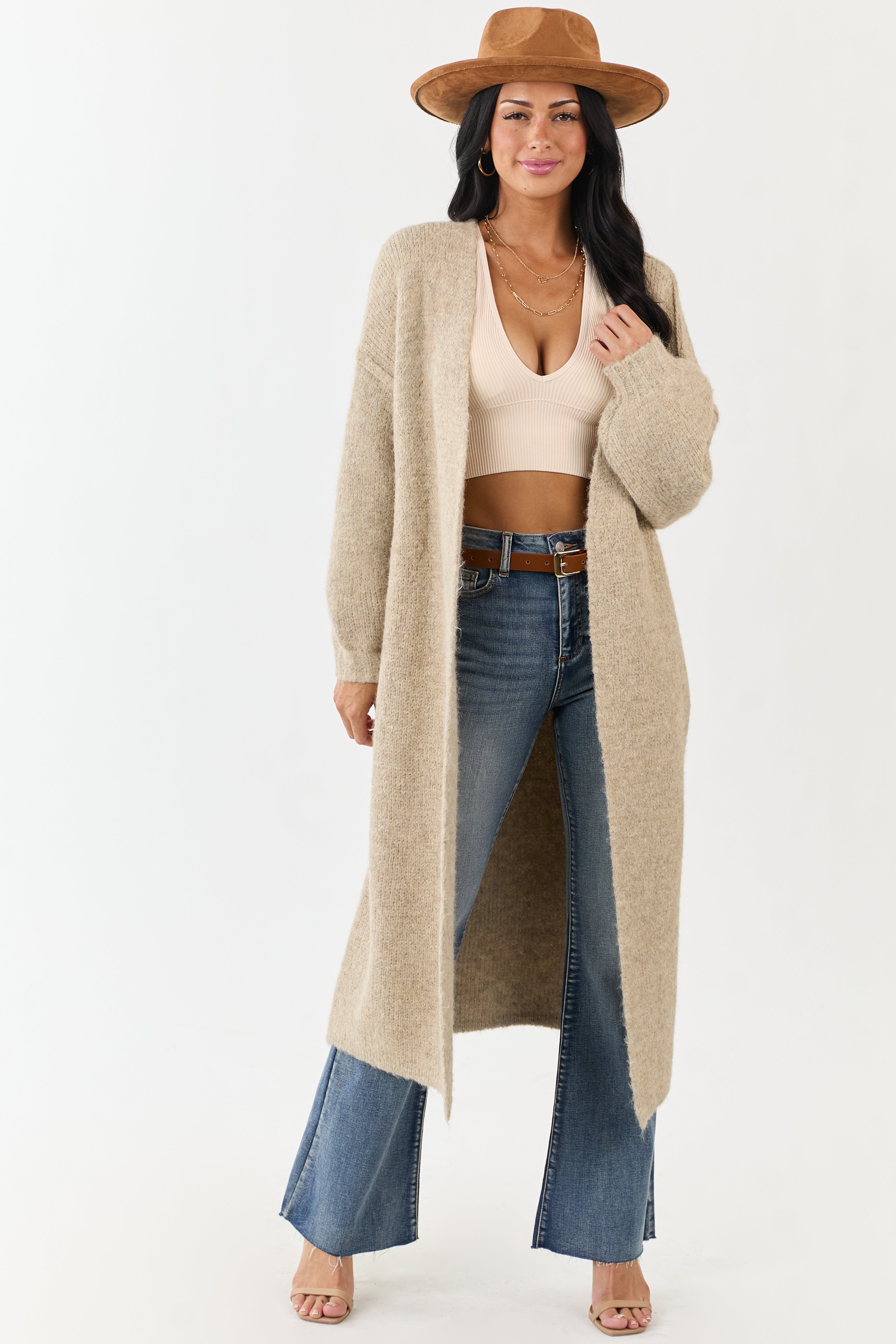 POL Almond Open Front Duster Cardigan