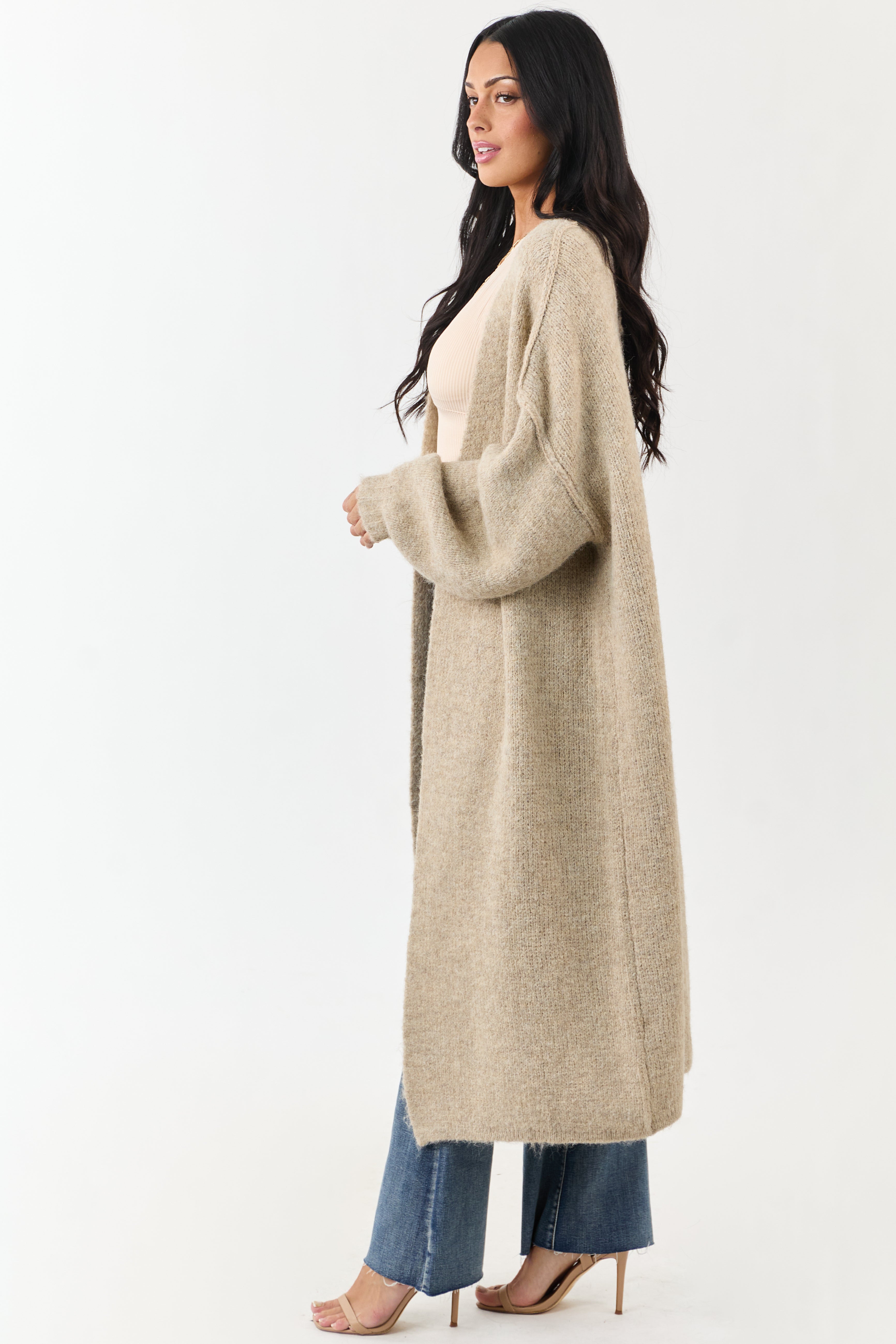 POL Almond Open Front Duster Cardigan