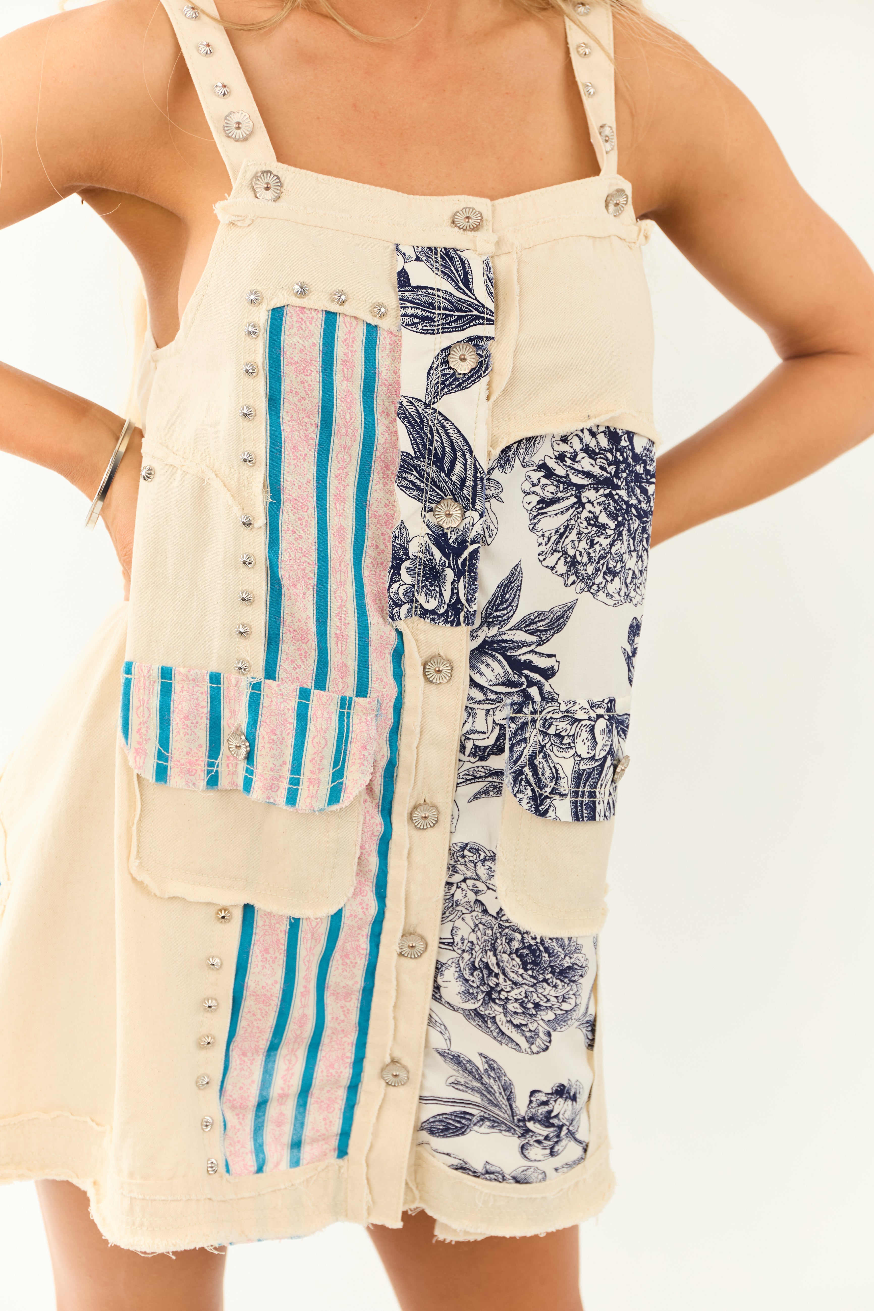 POL Almond Sleeveless Abstract Patchwork Mini Dress