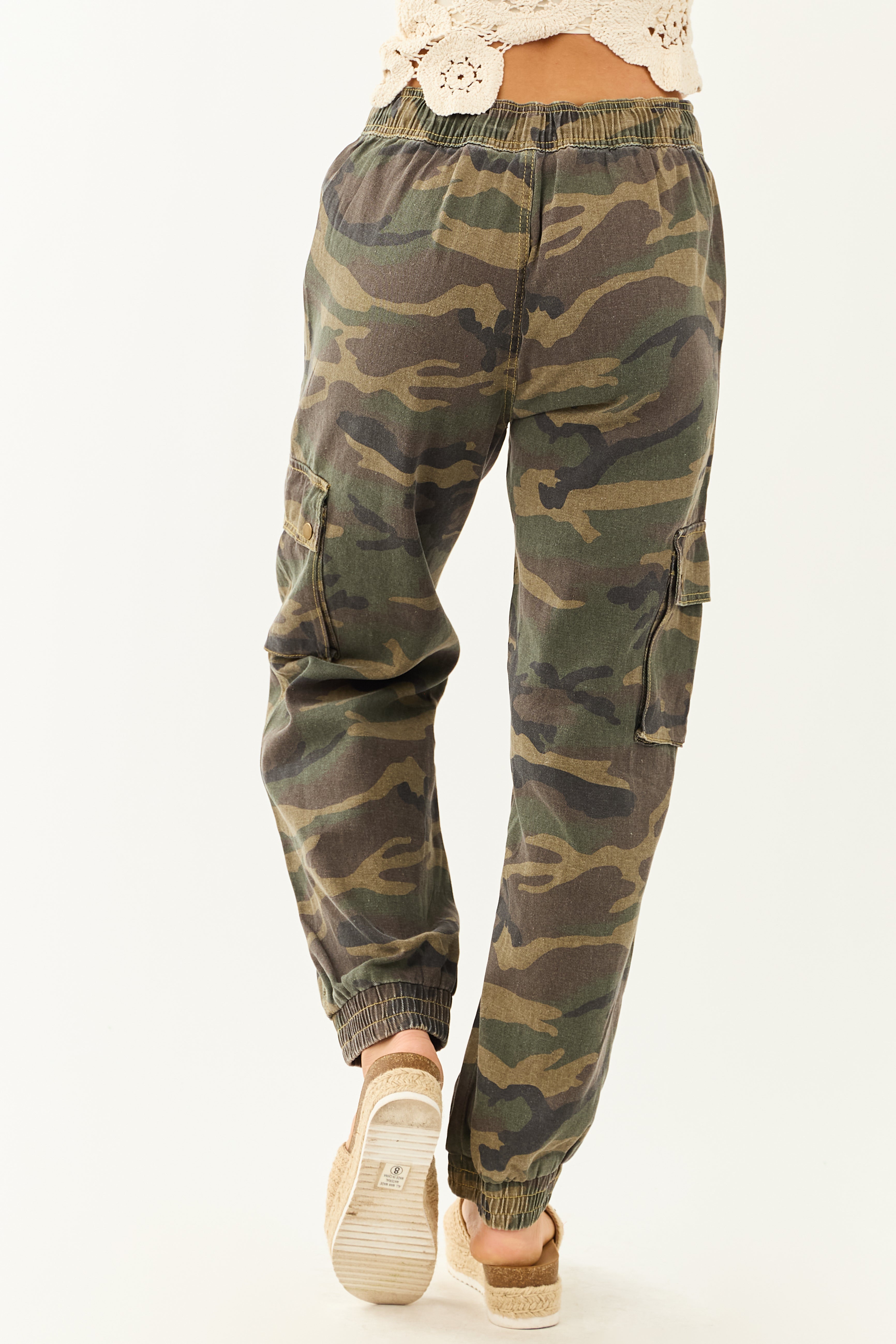 POL Army Green Camouflage Print Denim Cargo Joggers | Lime Lush