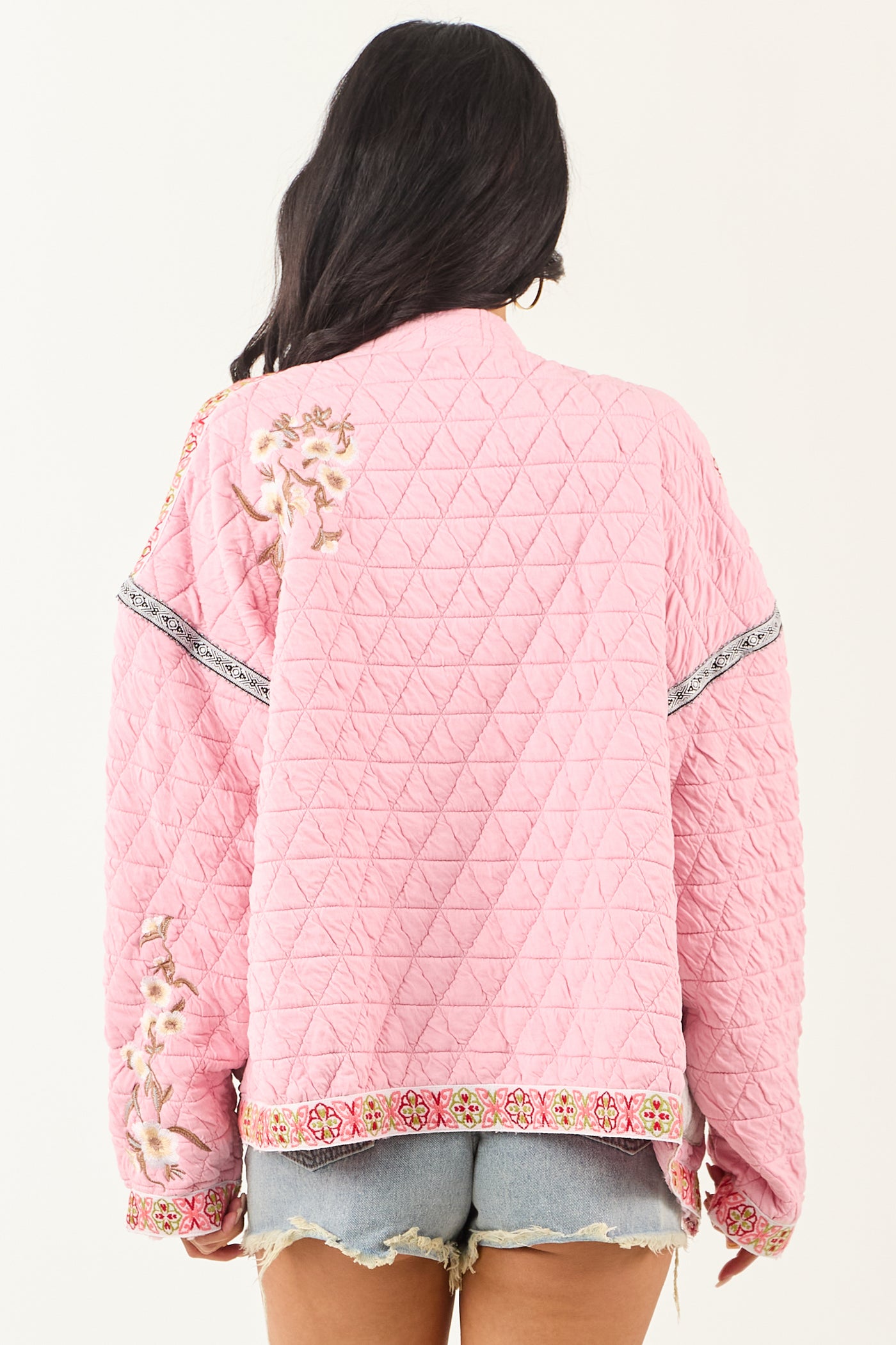 POL Baby Pink Floral Embroidered Open Front Jacket