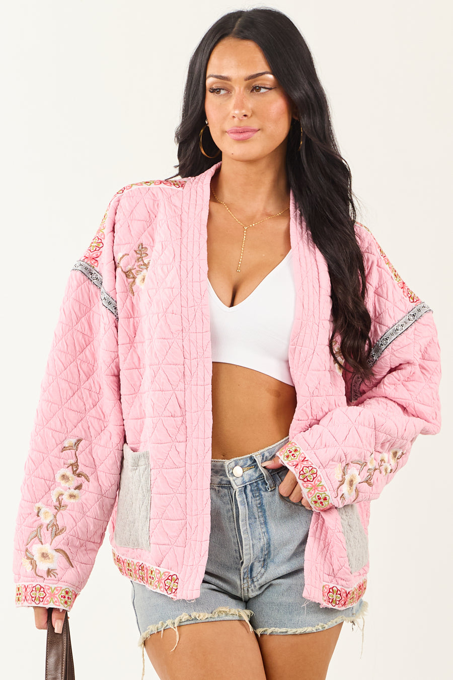 POL Baby Pink Floral Embroidered Open Front Jacket