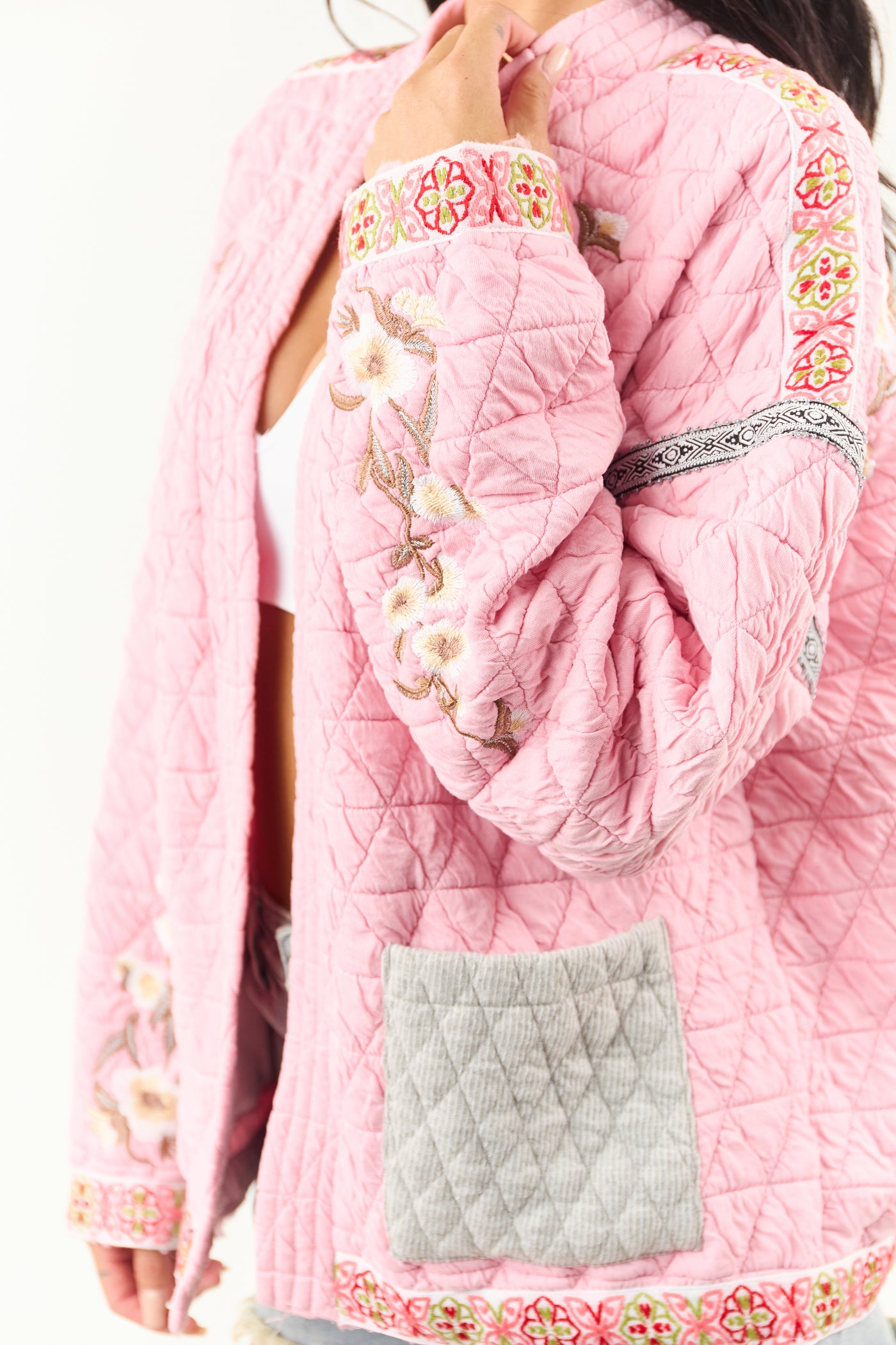 POL Baby Pink Floral Embroidered Open Front Jacket
