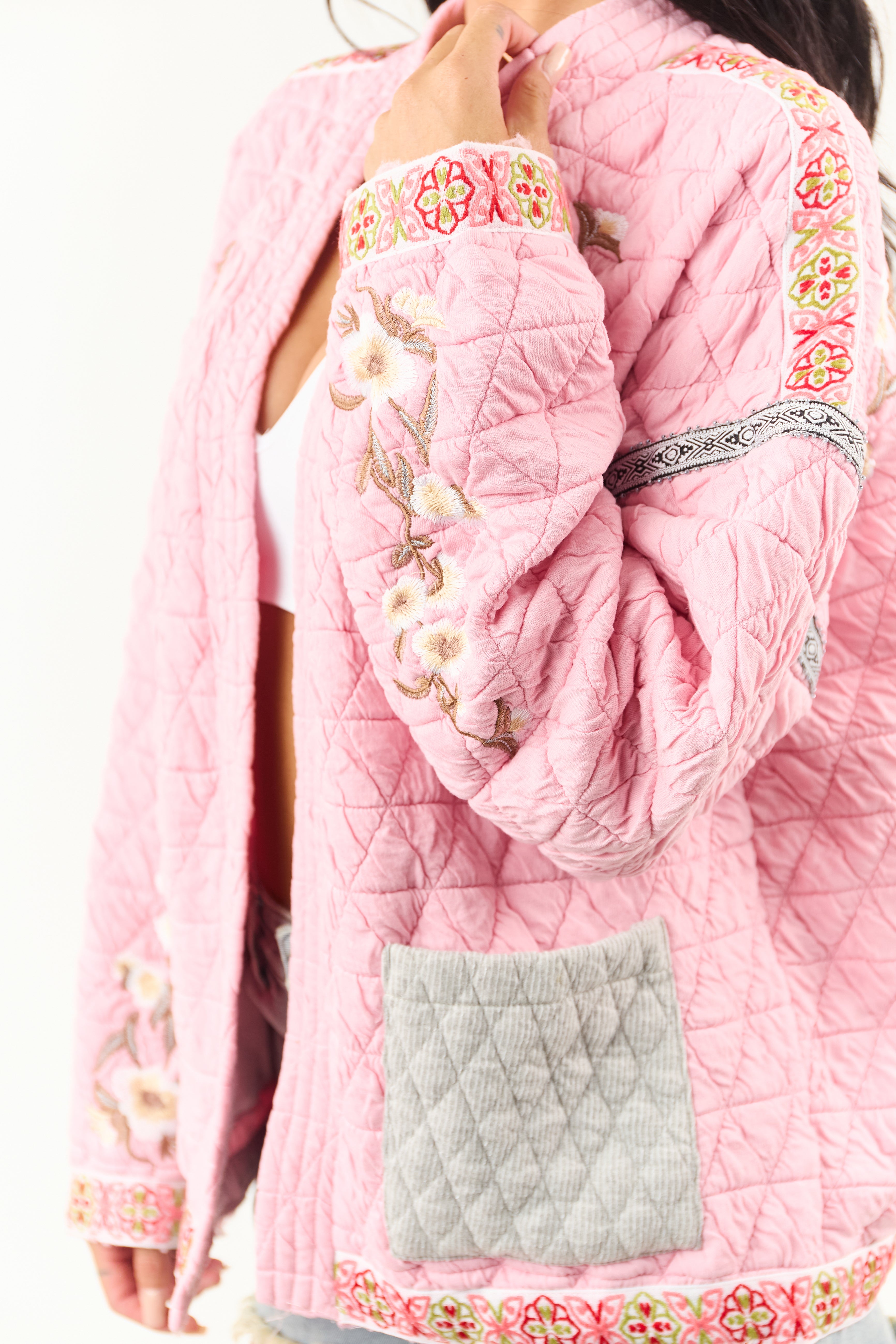 POL Baby Pink Floral Embroidered Open Front Jacket