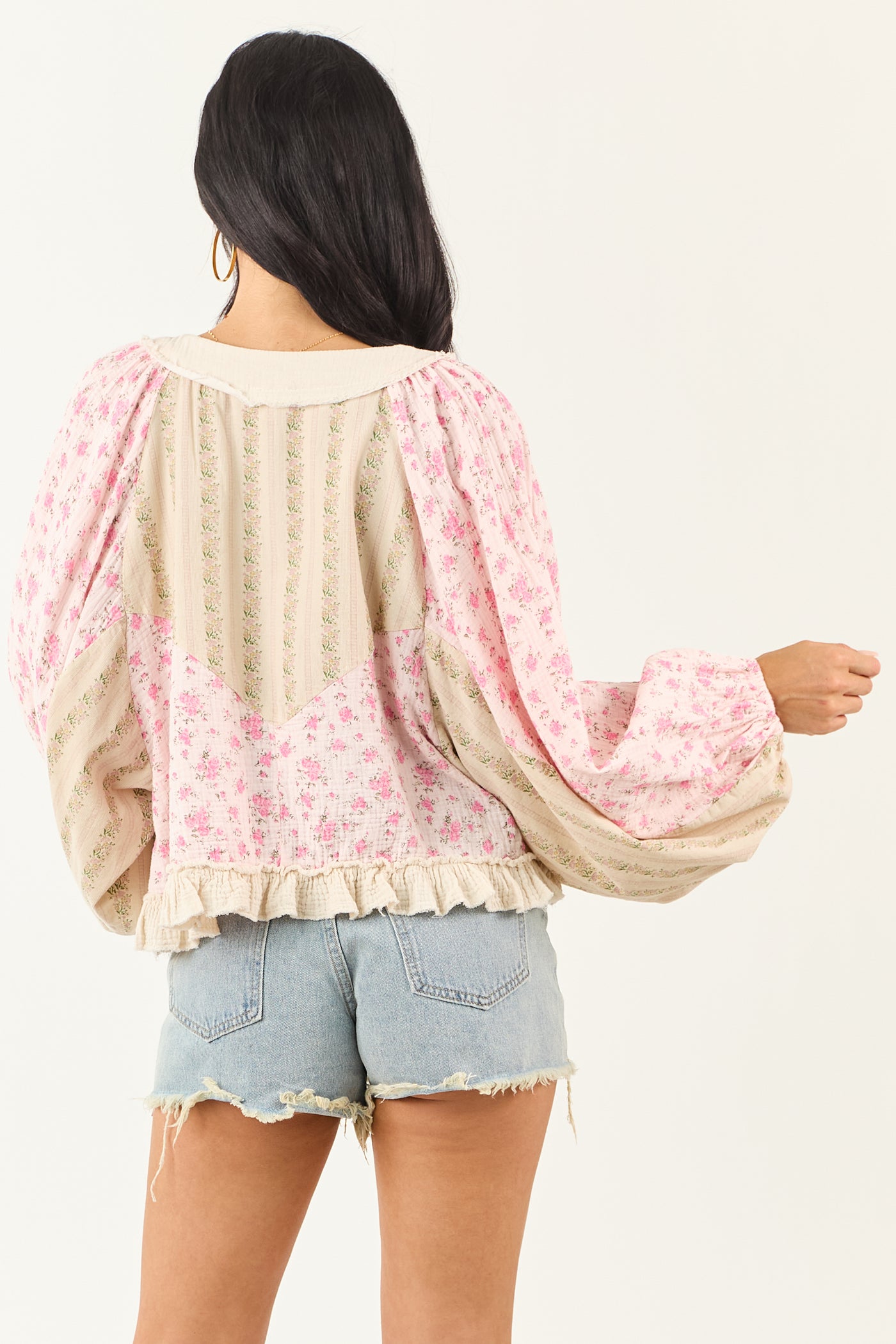 POL Baby Pink Floral Patchwork Gauze Cotton Top