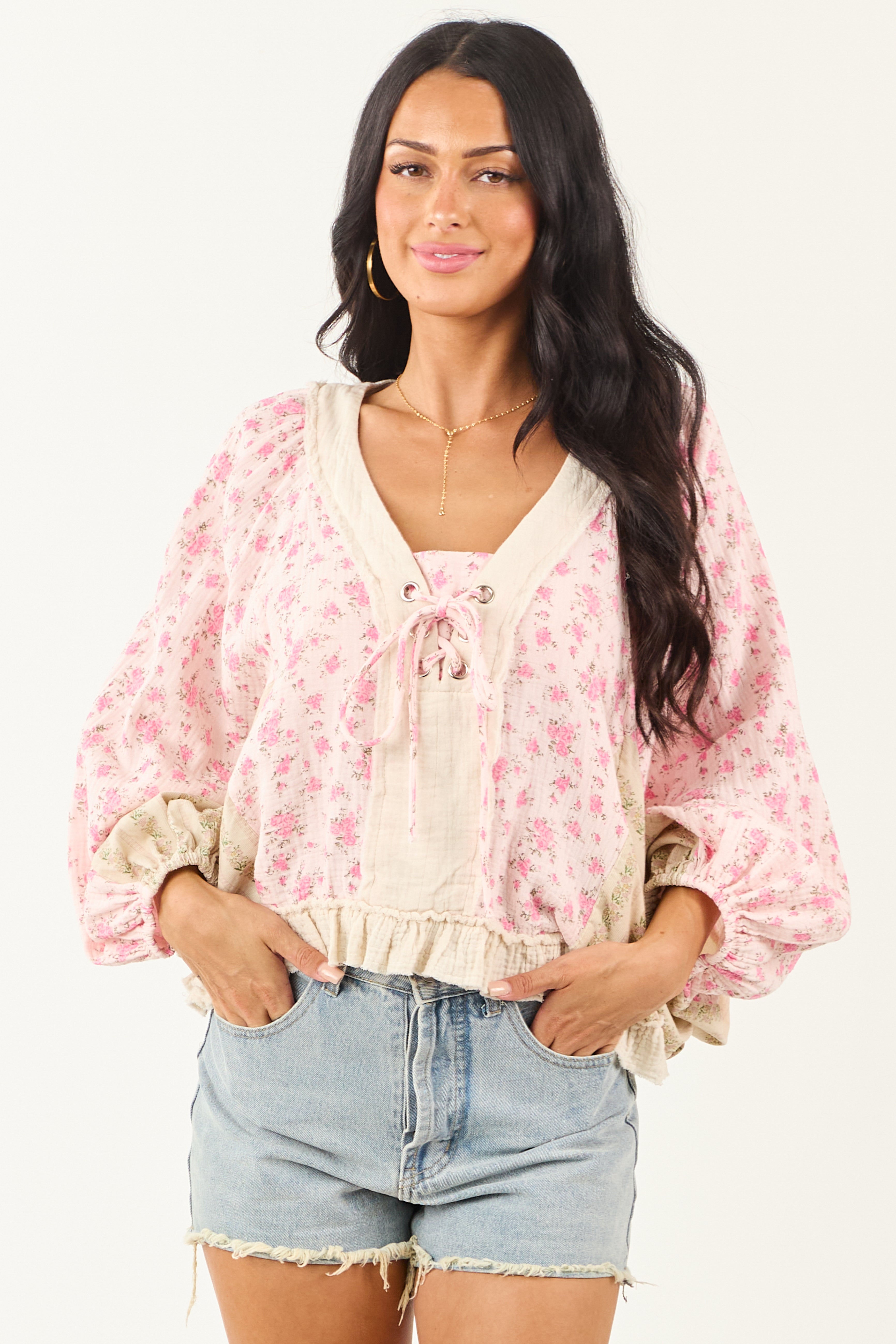 POL Baby Pink Floral Patchwork Gauze Cotton Top