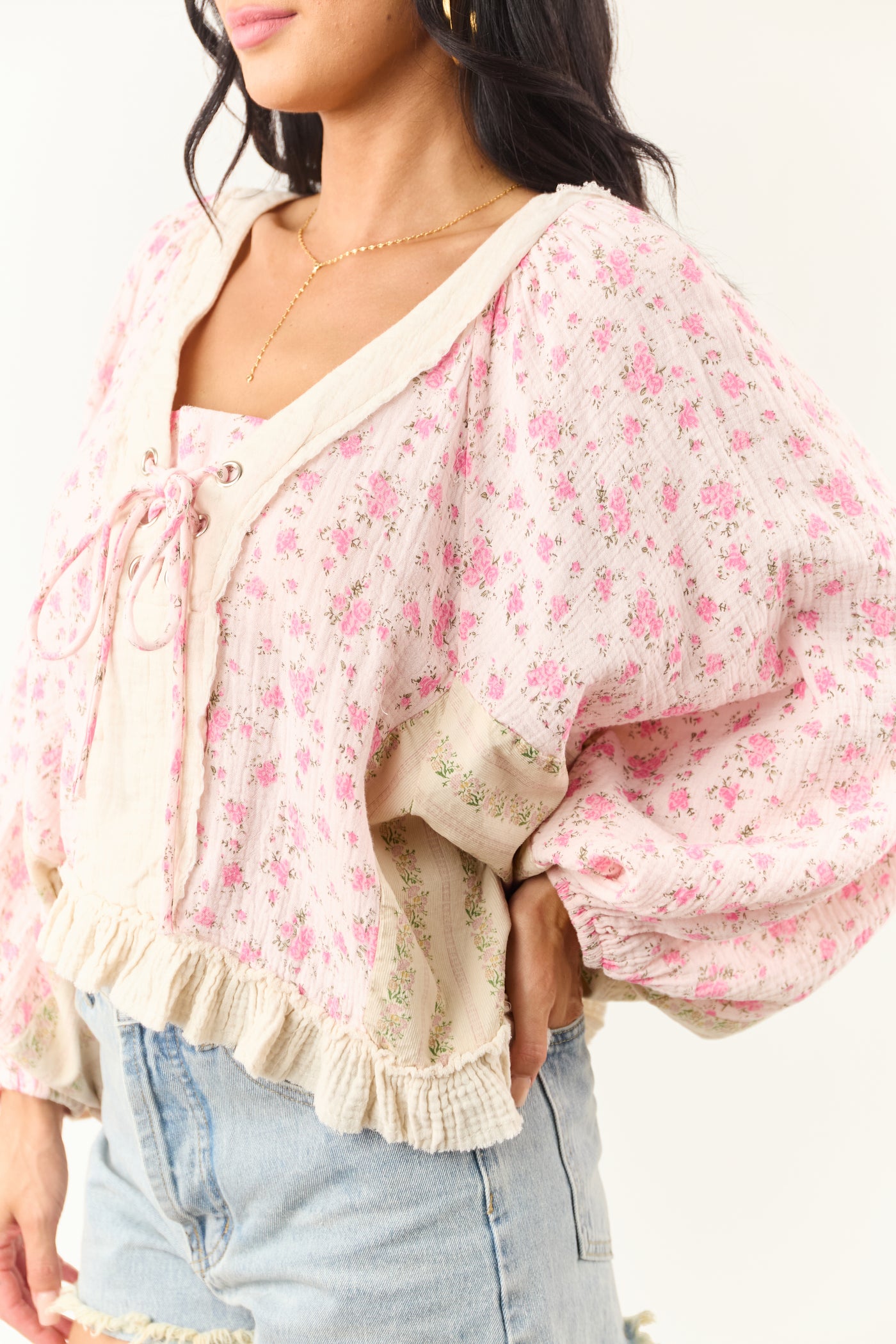 POL Baby Pink Floral Patchwork Gauze Cotton Top
