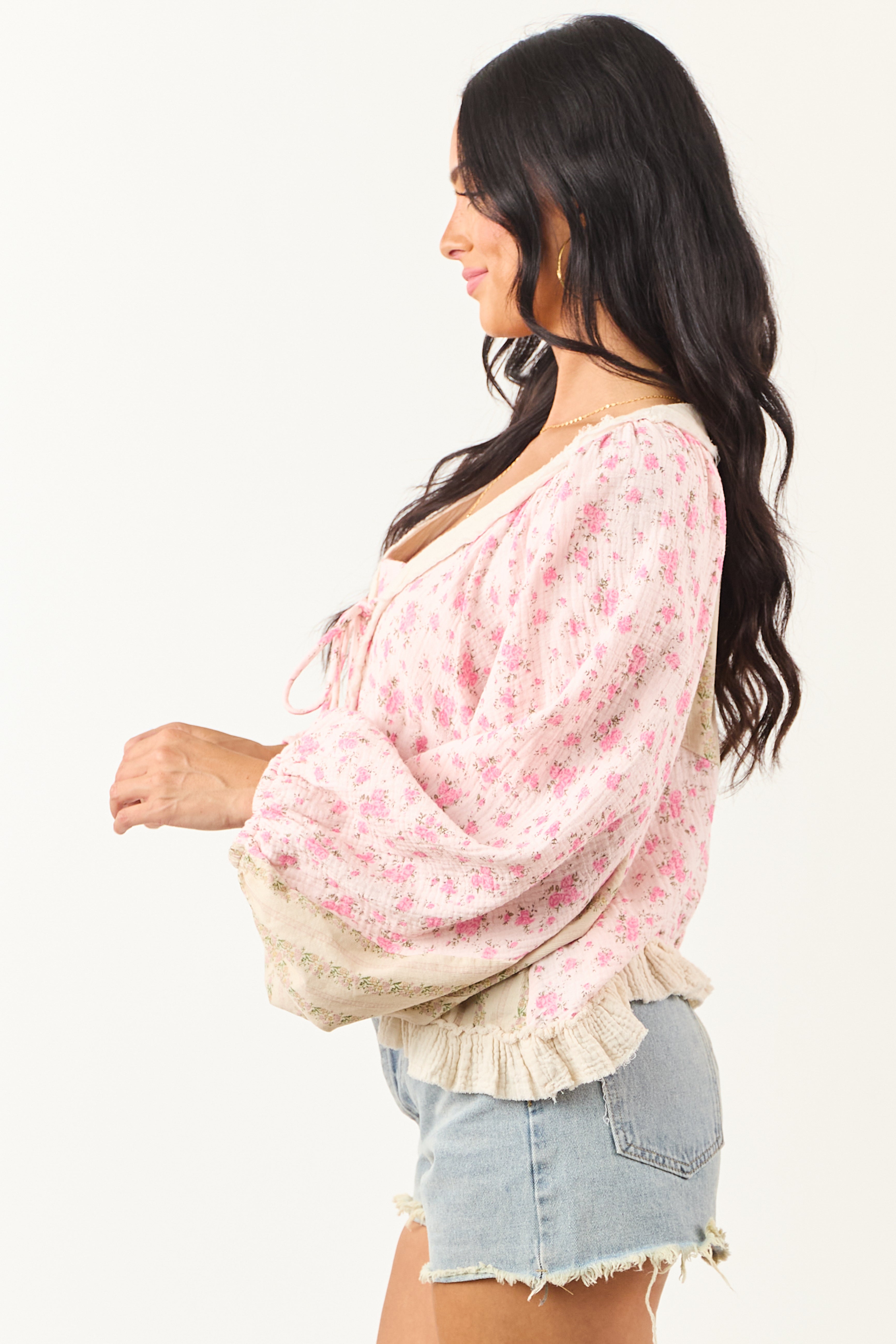 POL Baby Pink Floral Patchwork Gauze Cotton Top