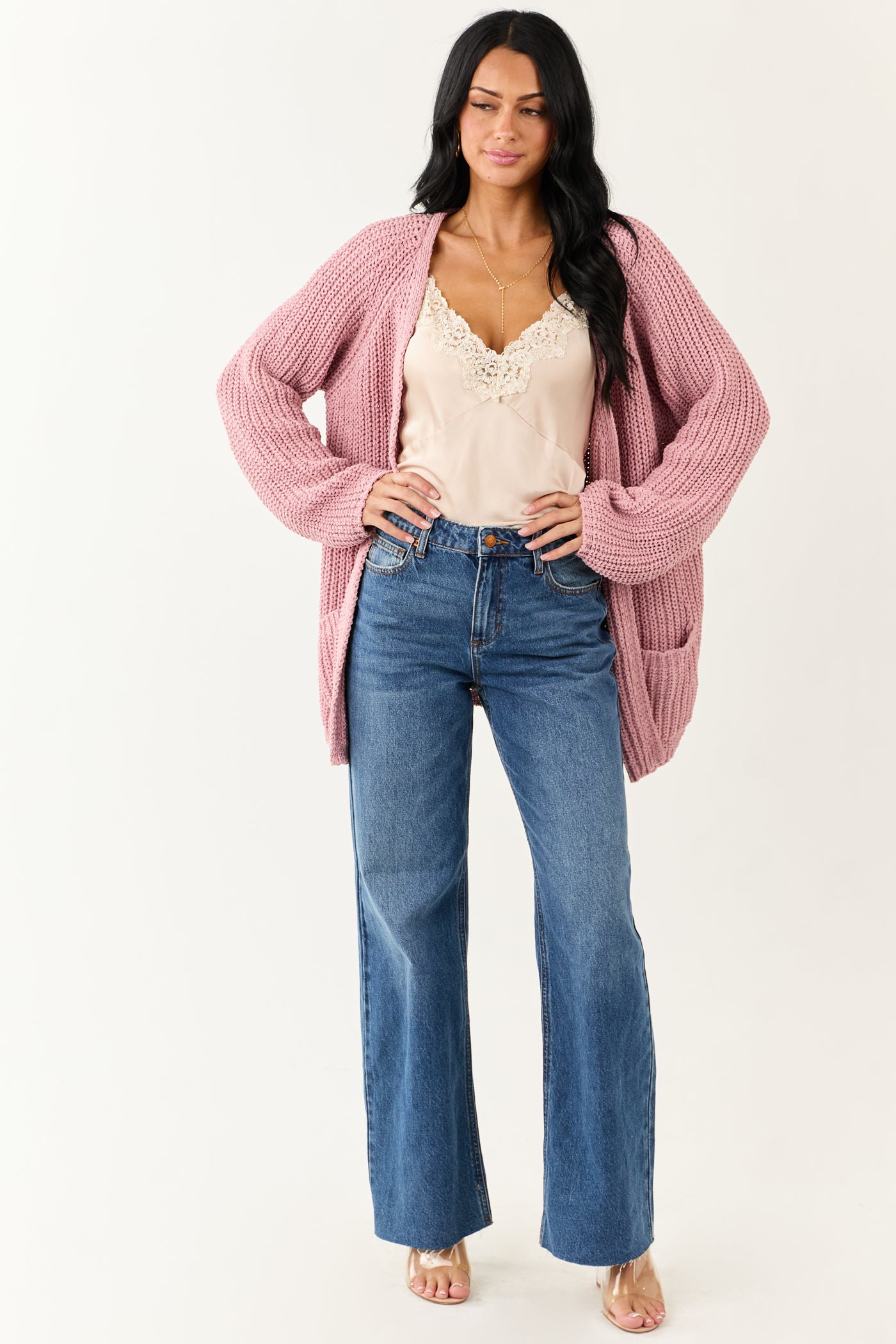 POL Baby Pink Open Front Soft Knit Cardigan