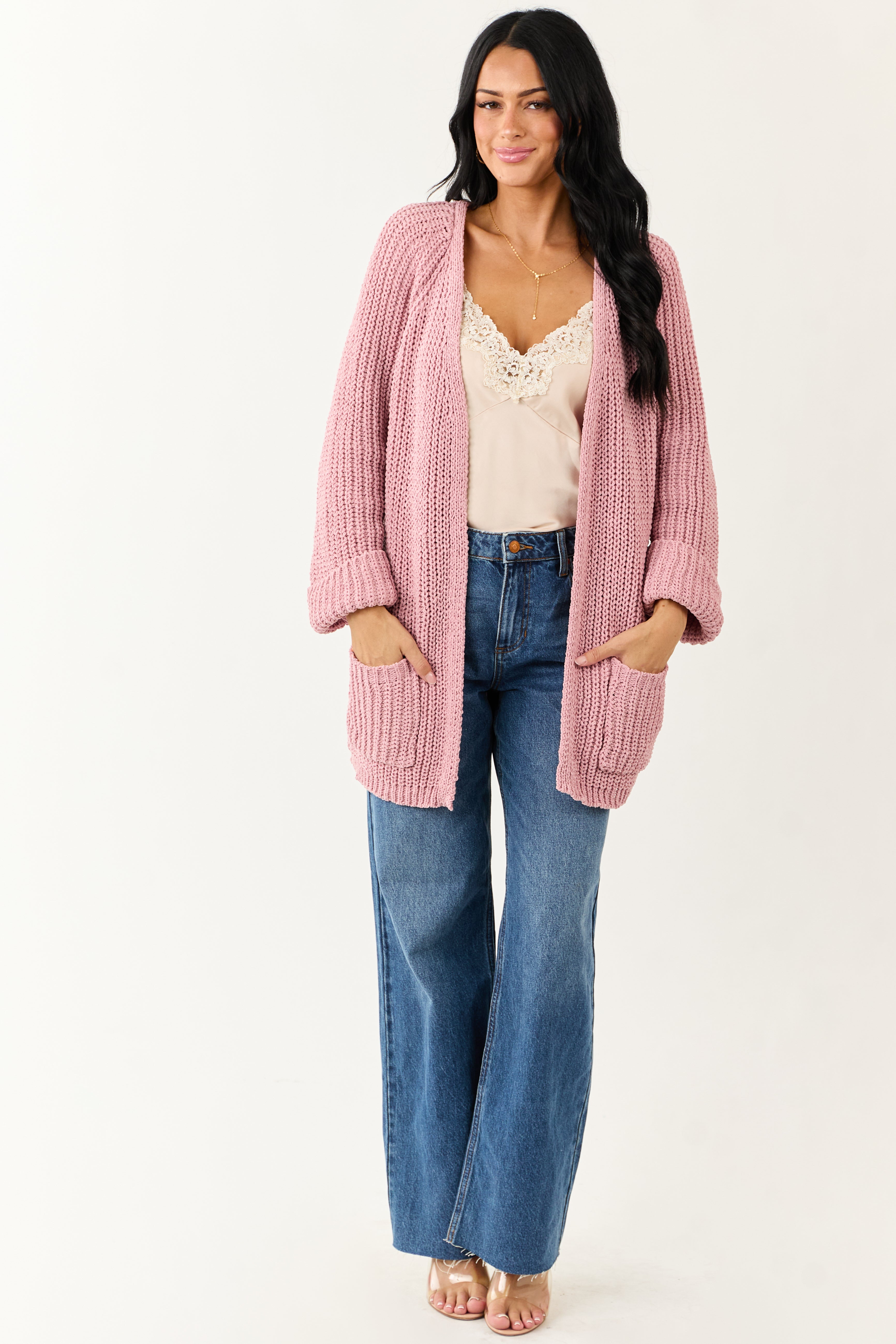POL Baby Pink Open Front Soft Knit Cardigan