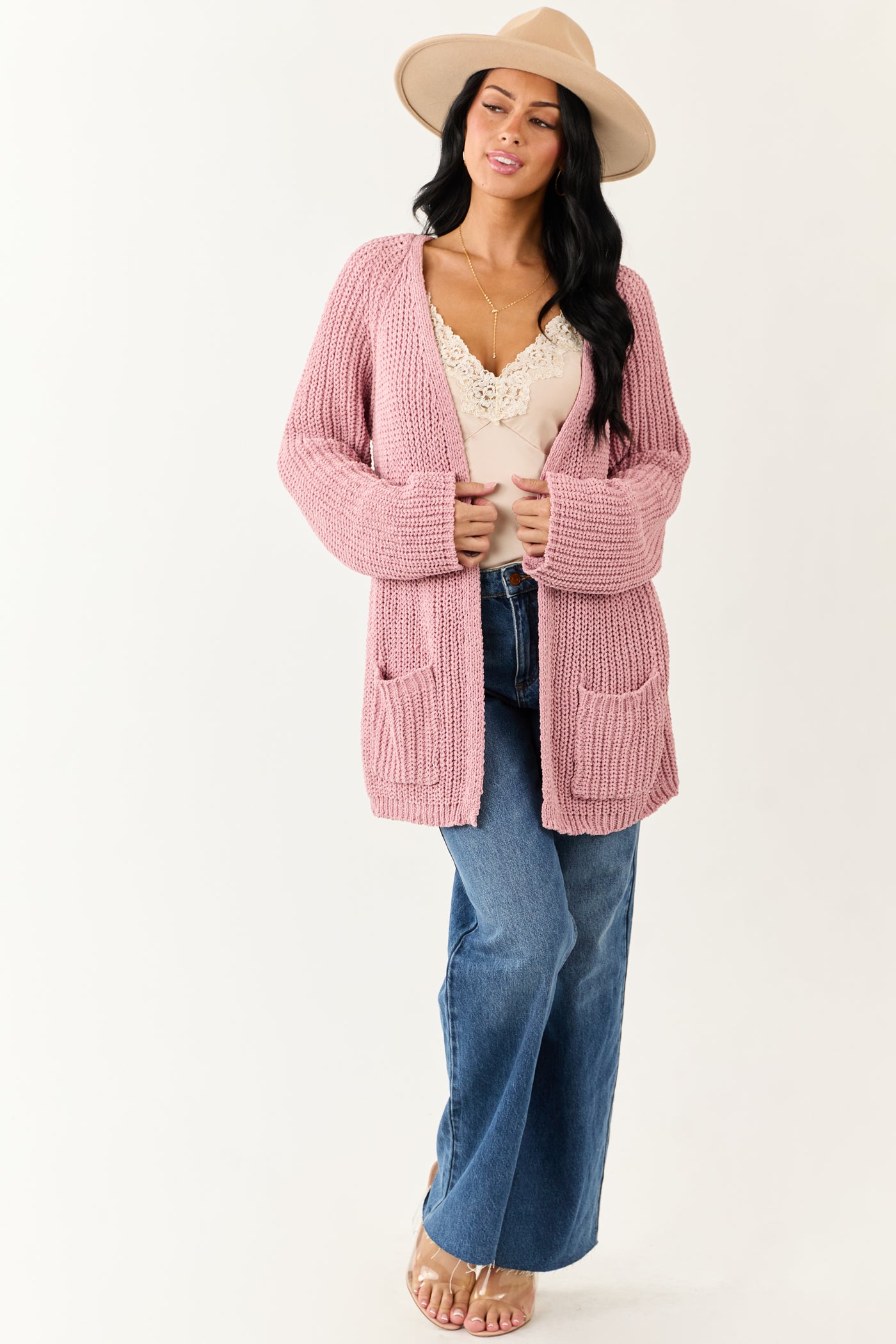 POL Baby Pink Open Front Soft Knit Cardigan
