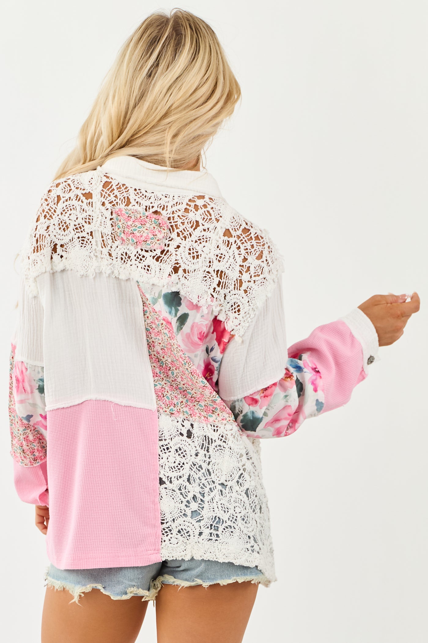 POL Baby Pink Patchwork Button Down Collared Top