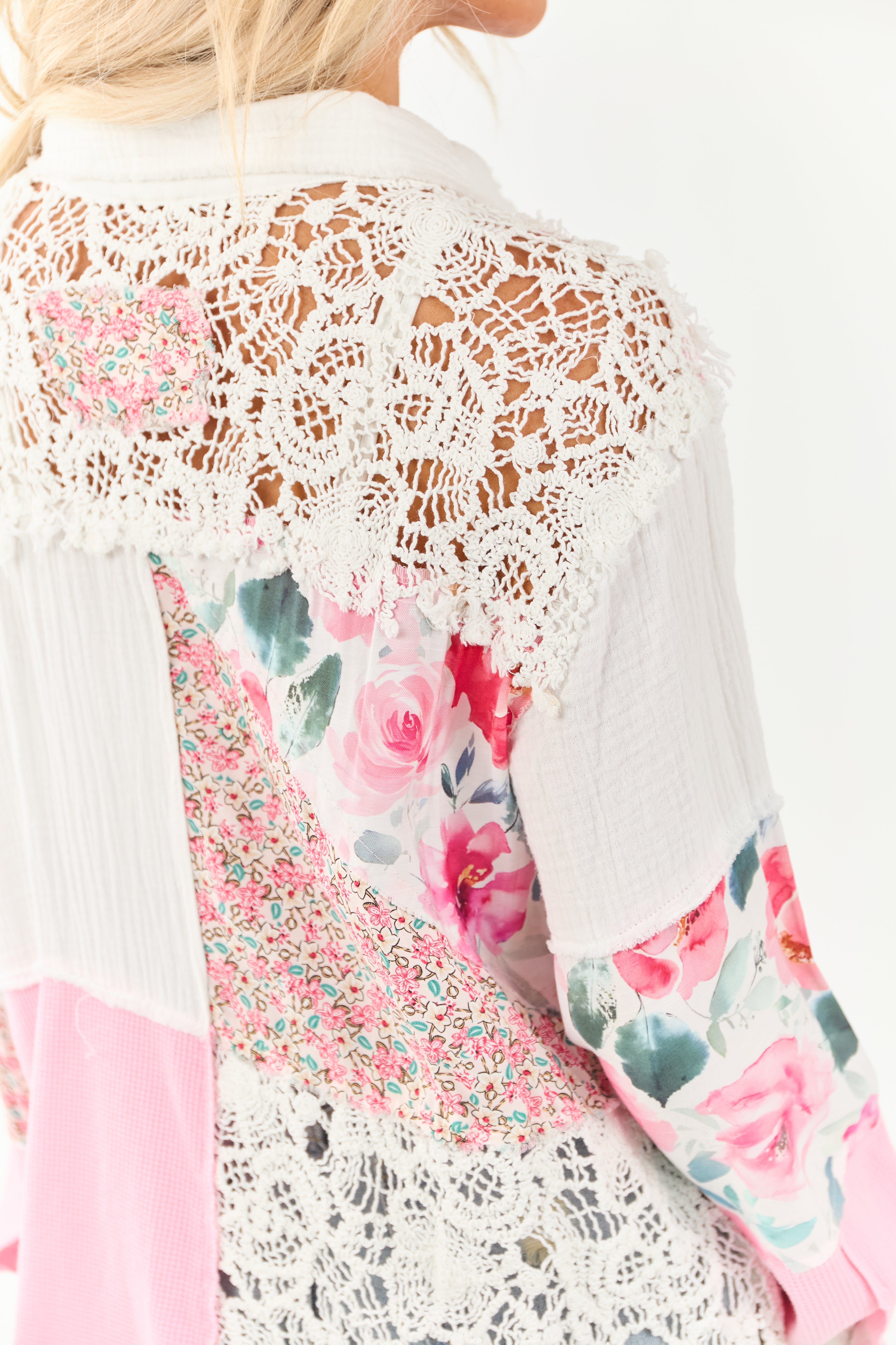 POL Baby Pink Patchwork Button Down Collared Top