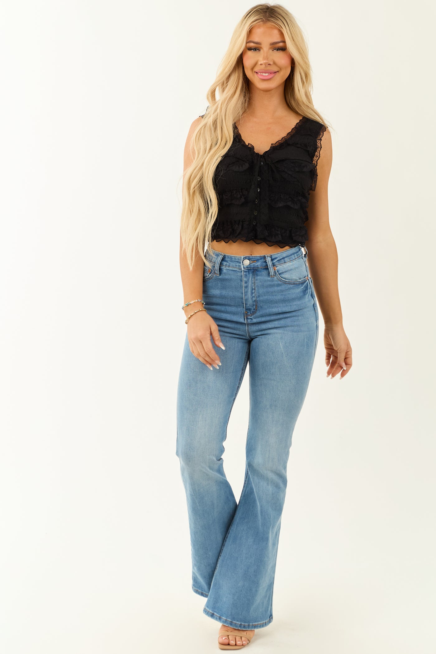 POL Black Lace Button Down Crop Tank Top