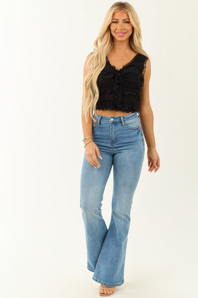 POL Black Lace Button Down Crop Tank Top