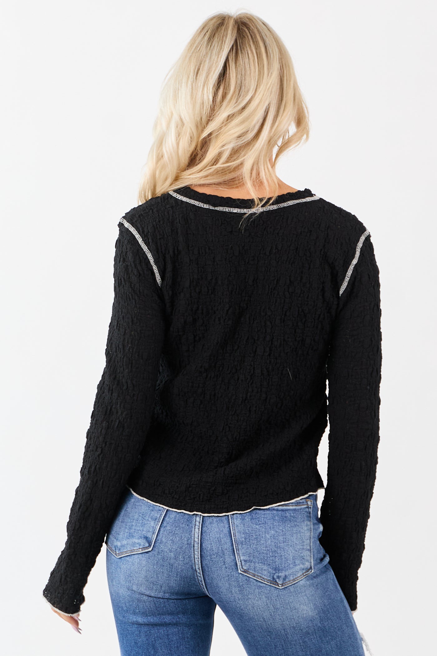 POL Black Lace Contrast Stitching Long Sleeve Top