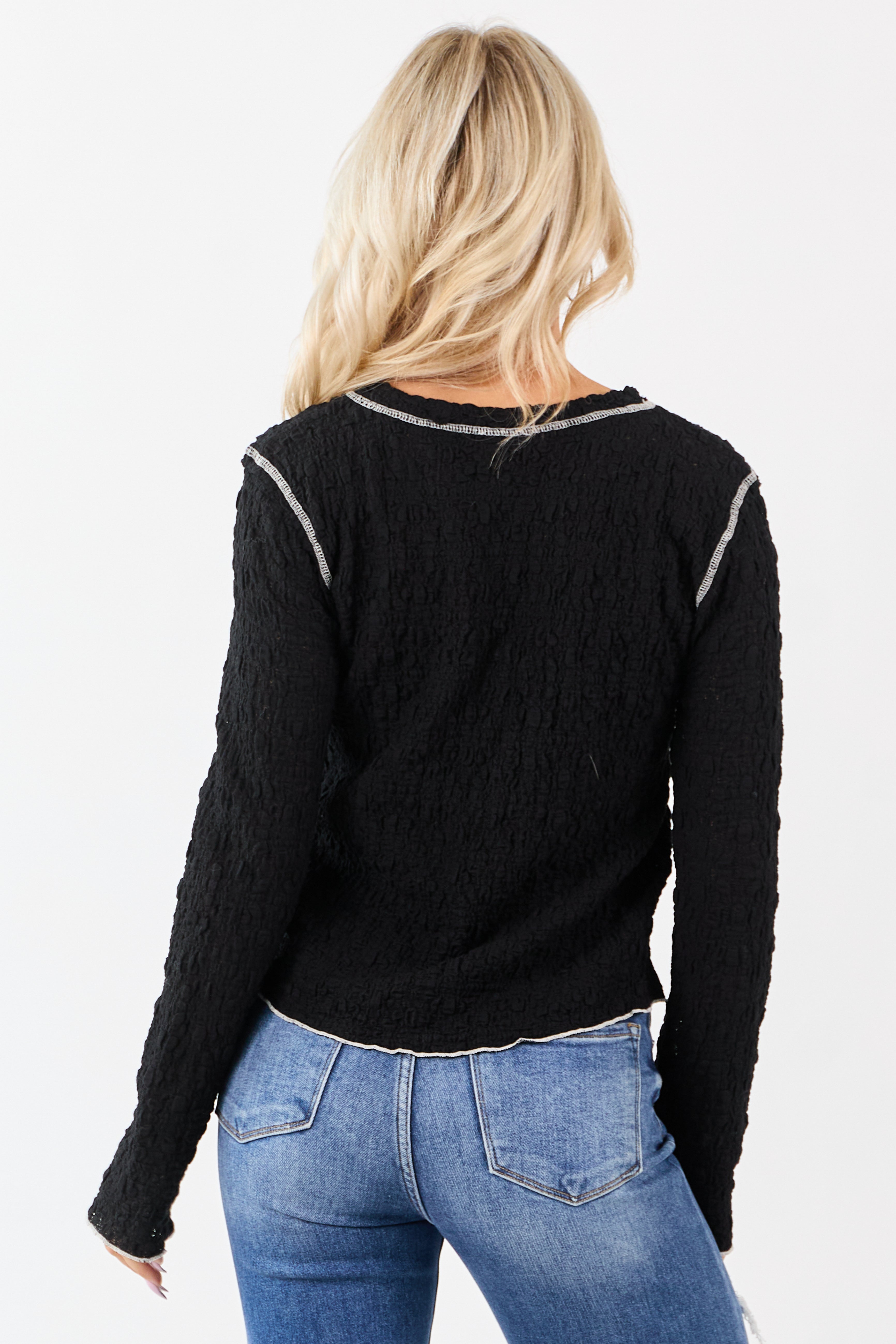 POL Black Lace Contrast Stitching Long Sleeve Top