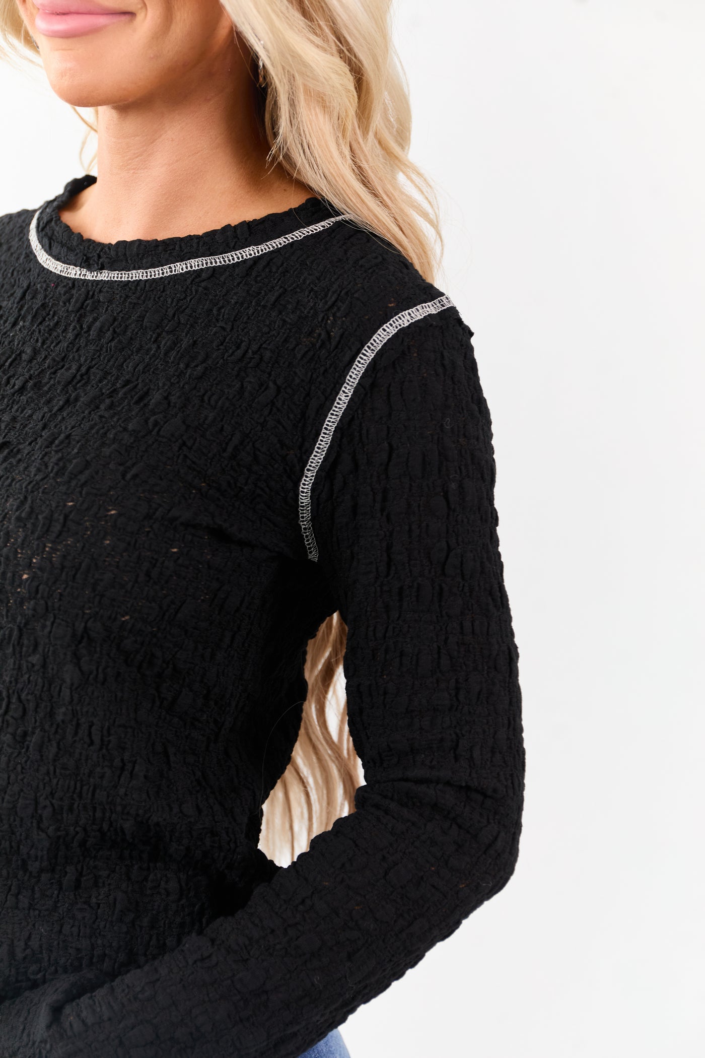 POL Black Lace Contrast Stitching Long Sleeve Top