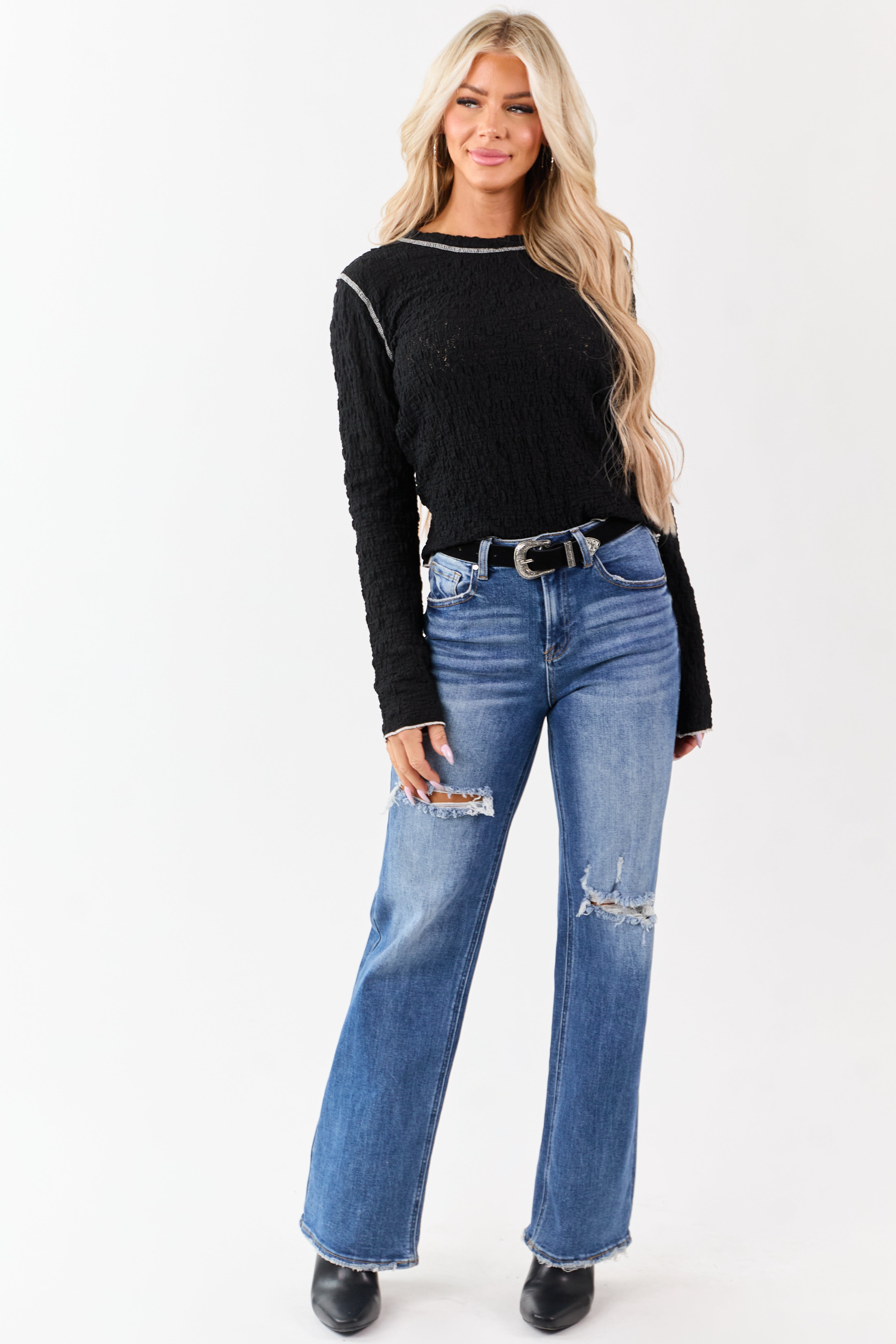 POL Black Lace Contrast Stitching Long Sleeve Top