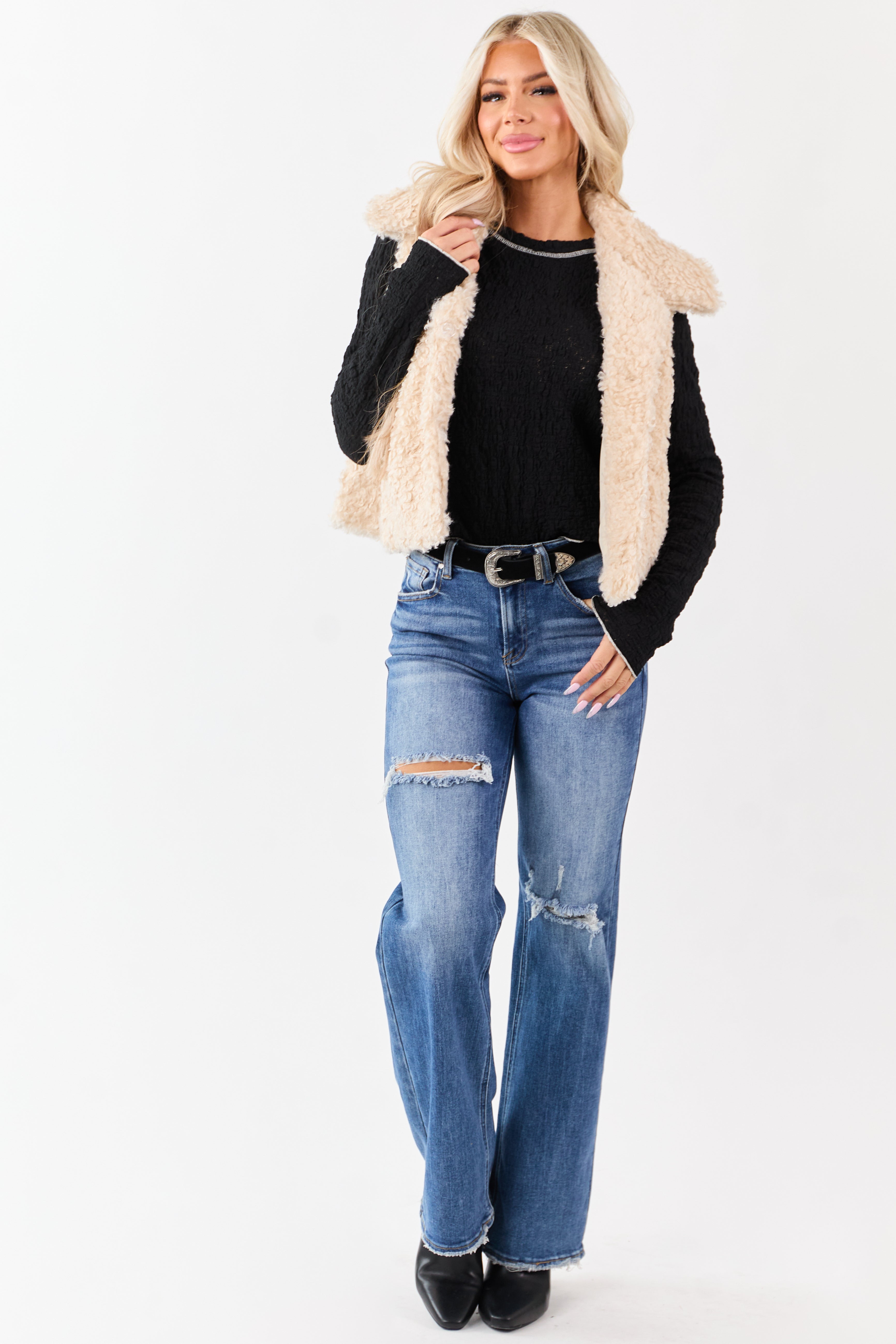 POL Black Lace Contrast Stitching Long Sleeve Top
