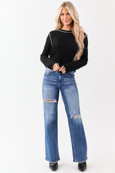 POL Black Lace Contrast Stitching Long Sleeve Top