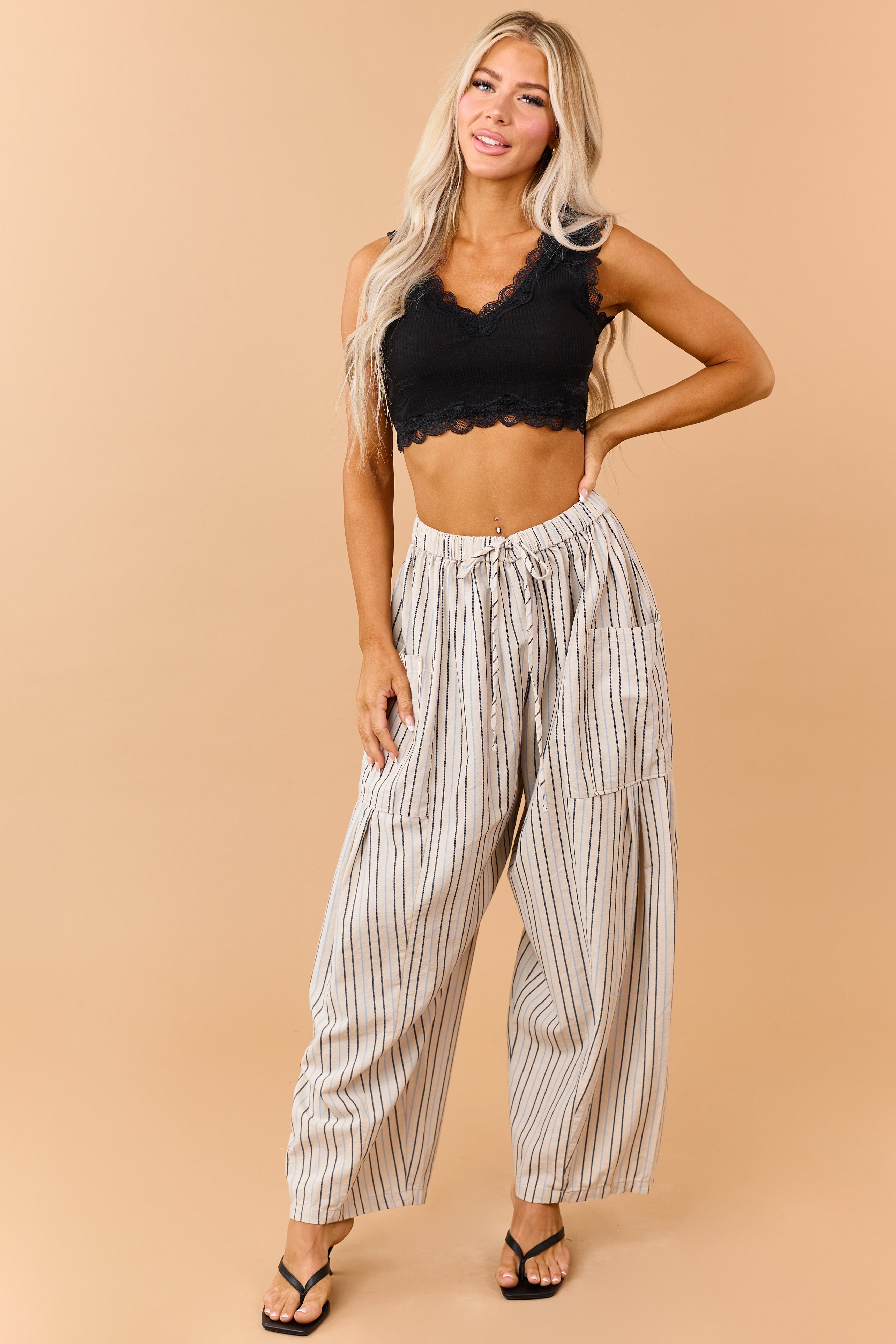 POL Black Rib Knit Lace Trim Cropped Tank Top