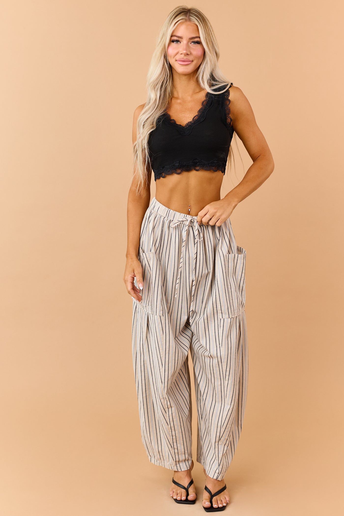 POL Black Rib Knit Lace Trim Cropped Tank Top