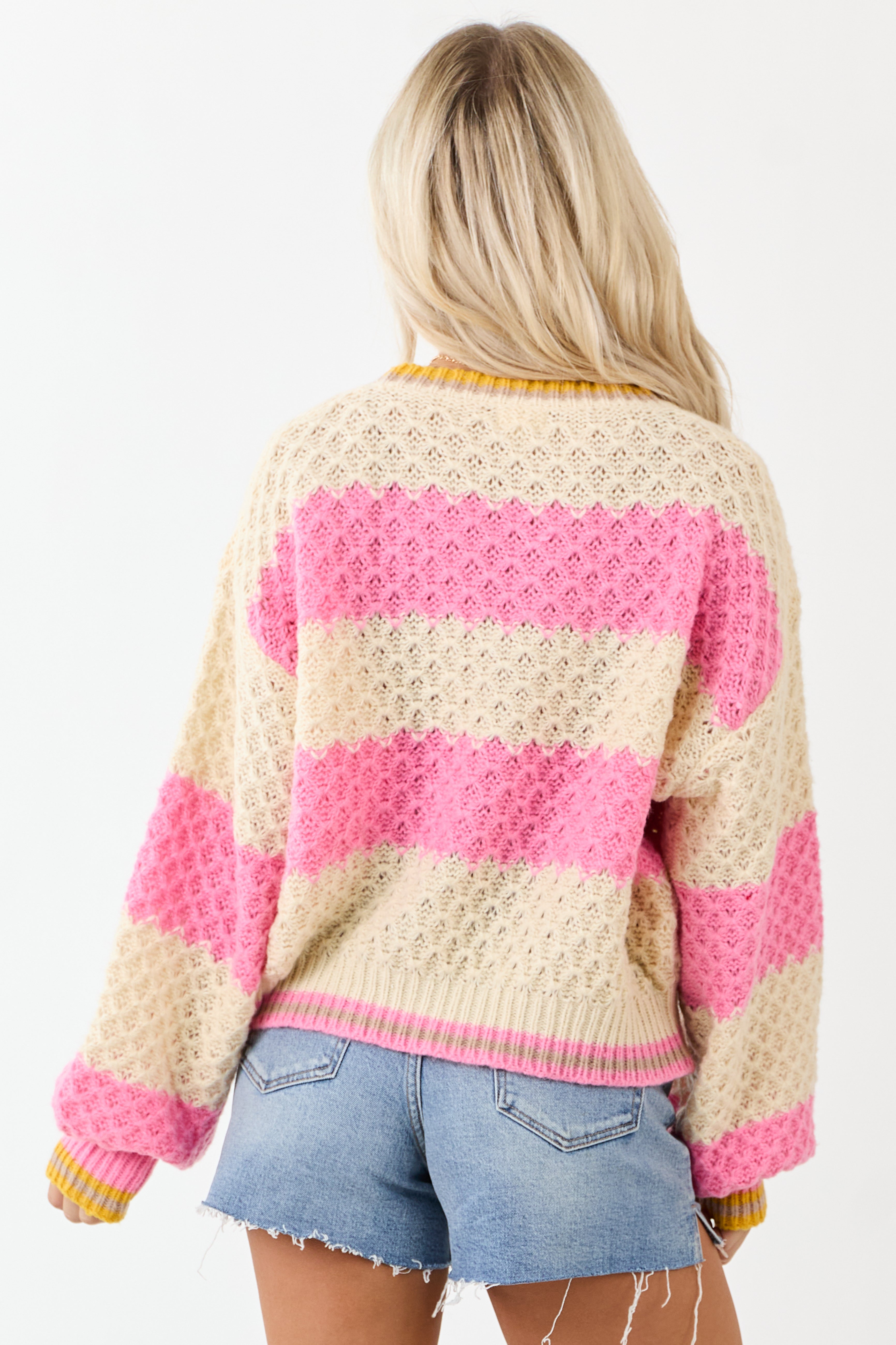POL Bubblegum and Cream Striped Cable Knit Sweater