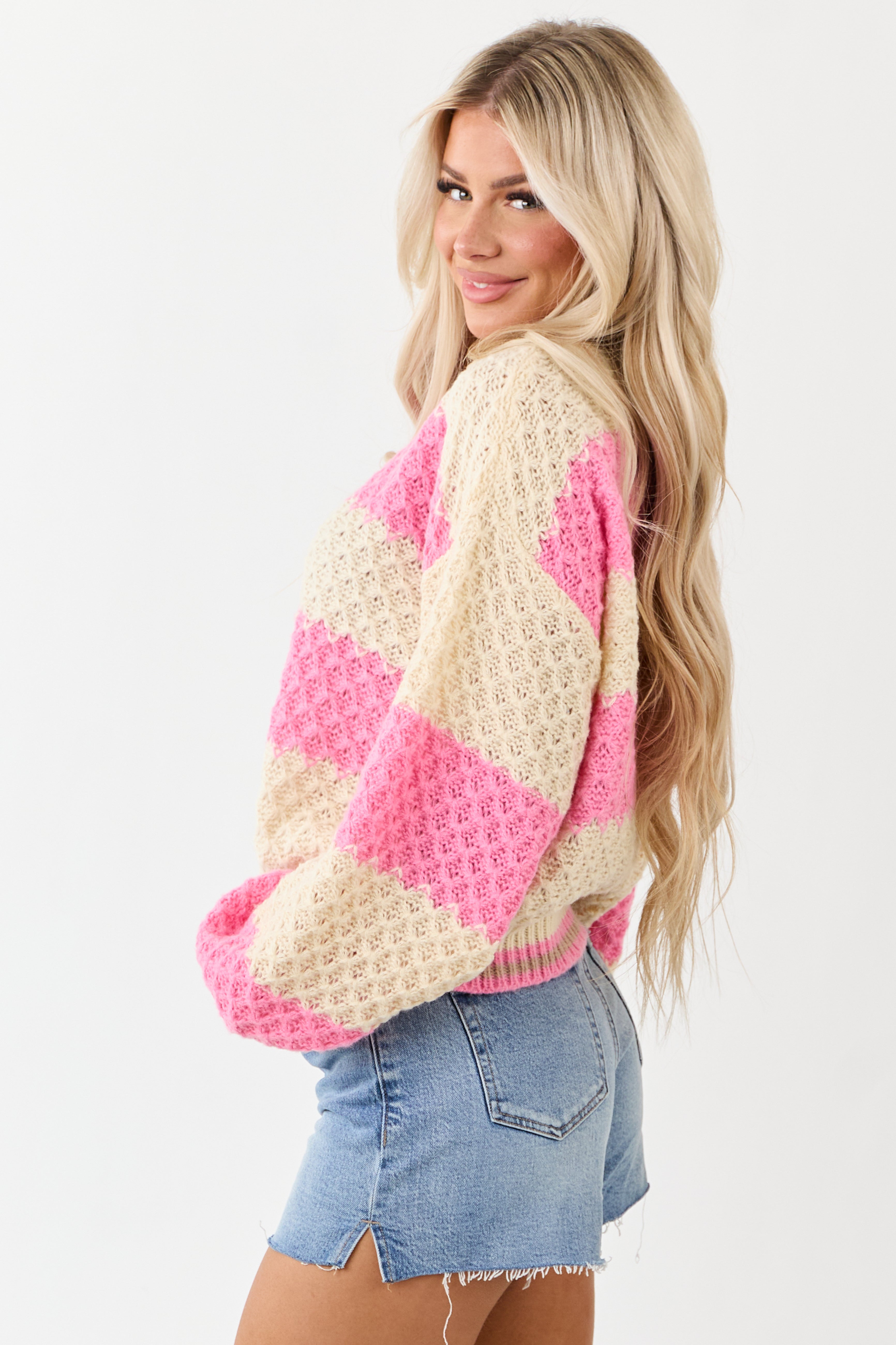 POL Bubblegum and Cream Striped Cable Knit Sweater