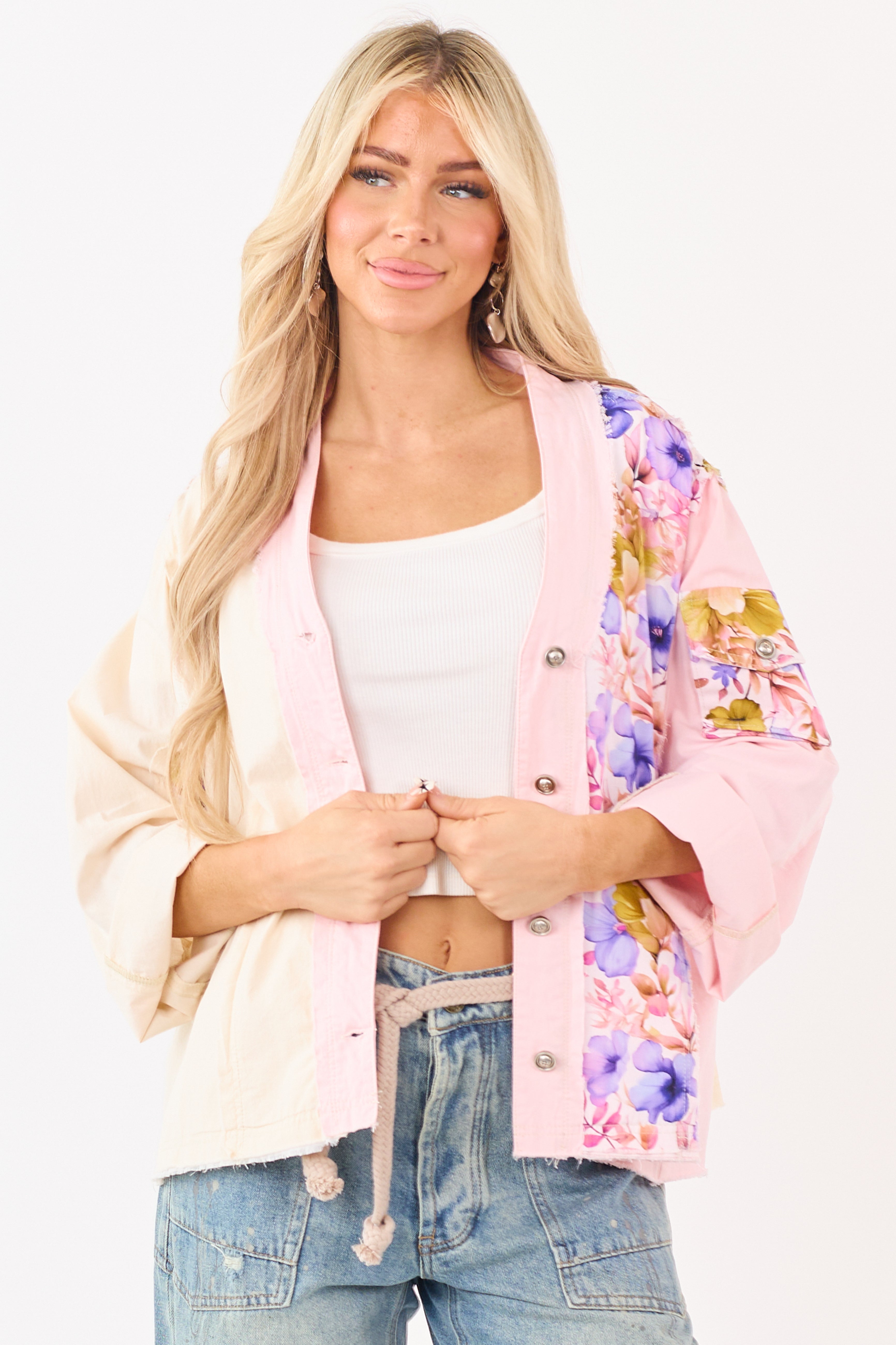 POL Carnation Floral Colorblock Button Up Cotton Top