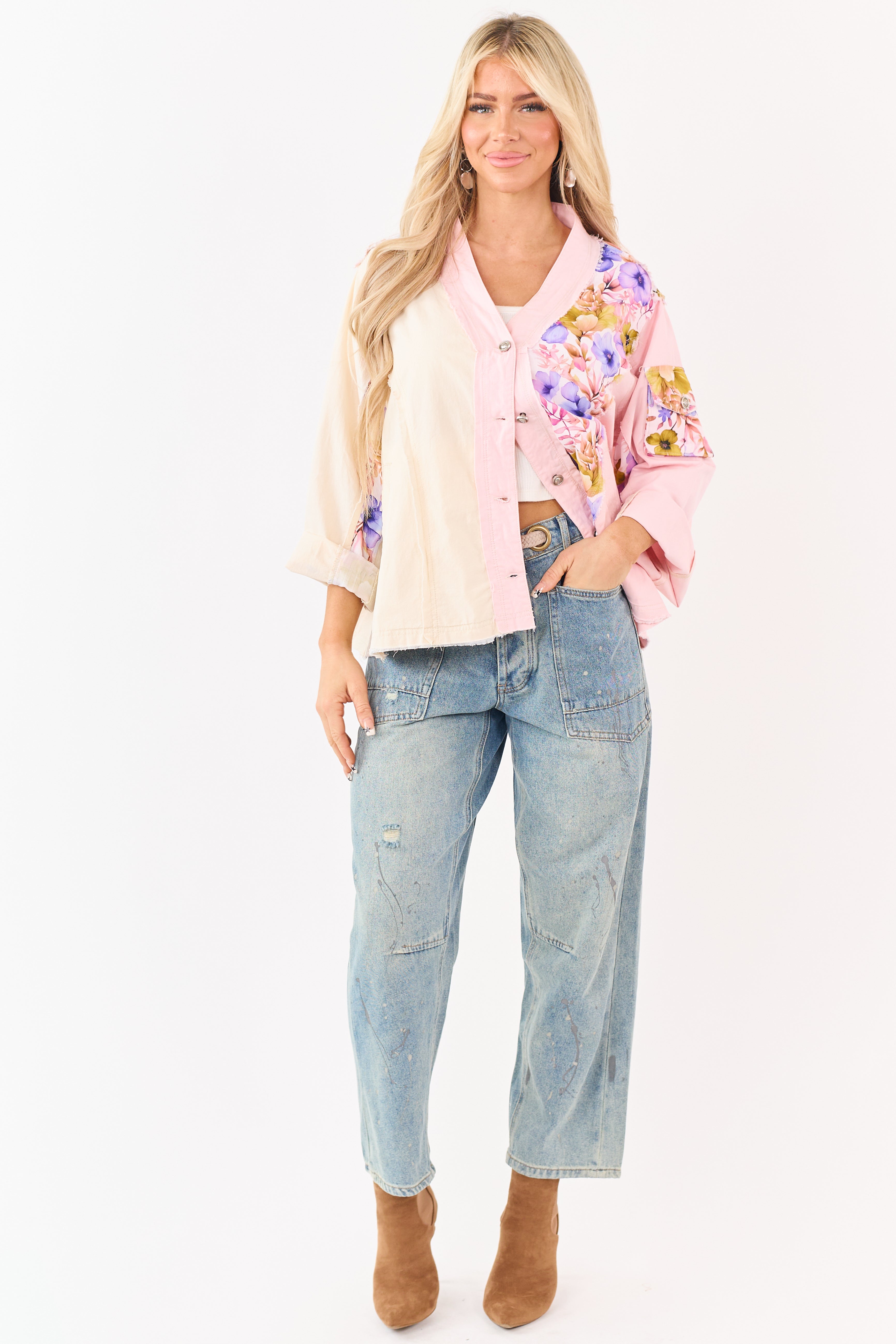 POL Carnation Floral Colorblock Button Up Cotton Top