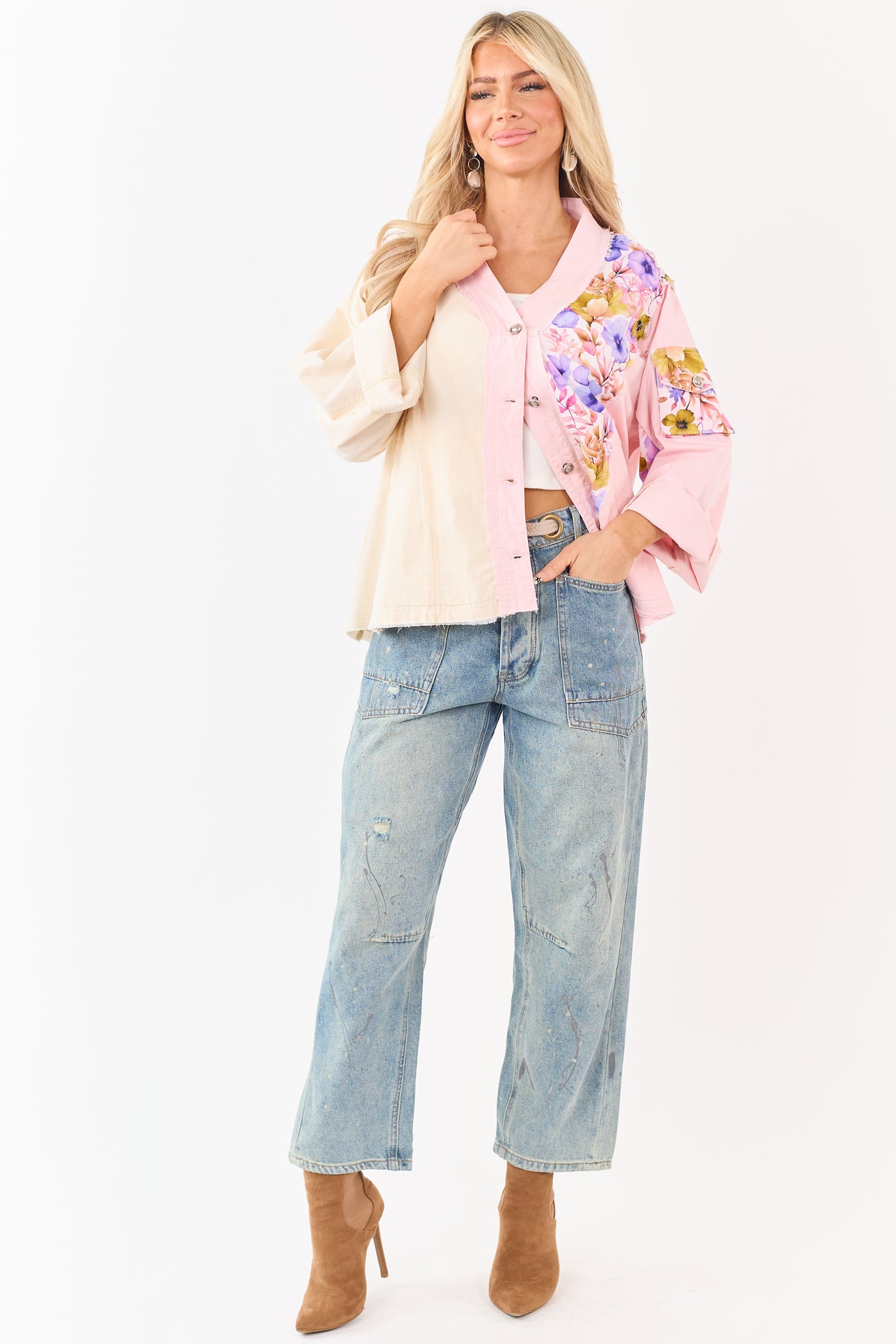 POL Carnation Floral Colorblock Button Up Cotton Top