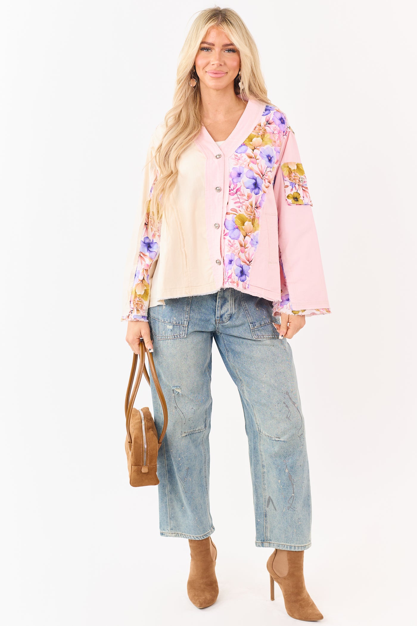 POL Carnation Floral Colorblock Button Up Cotton Top