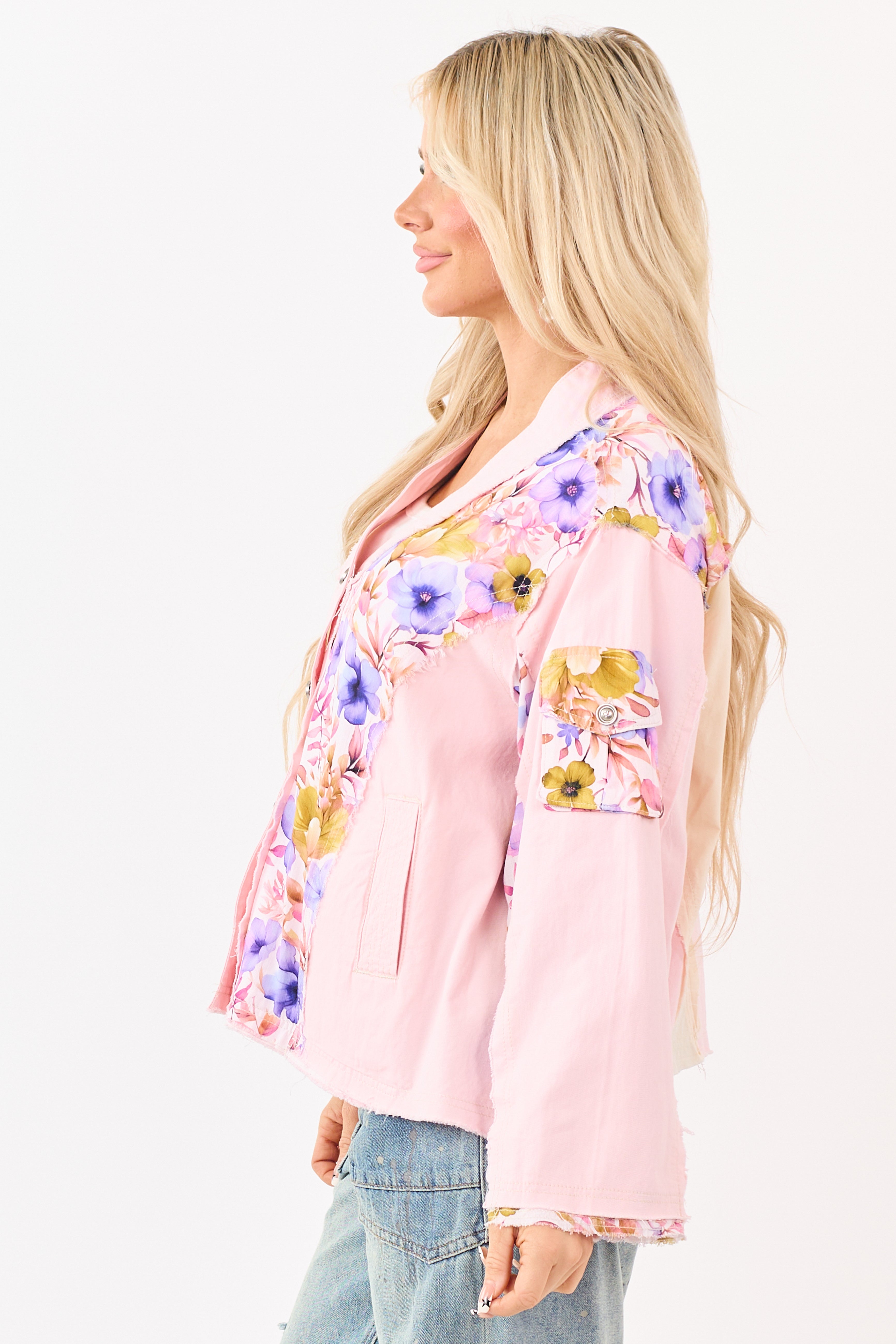 POL Carnation Floral Colorblock Button Up Cotton Top