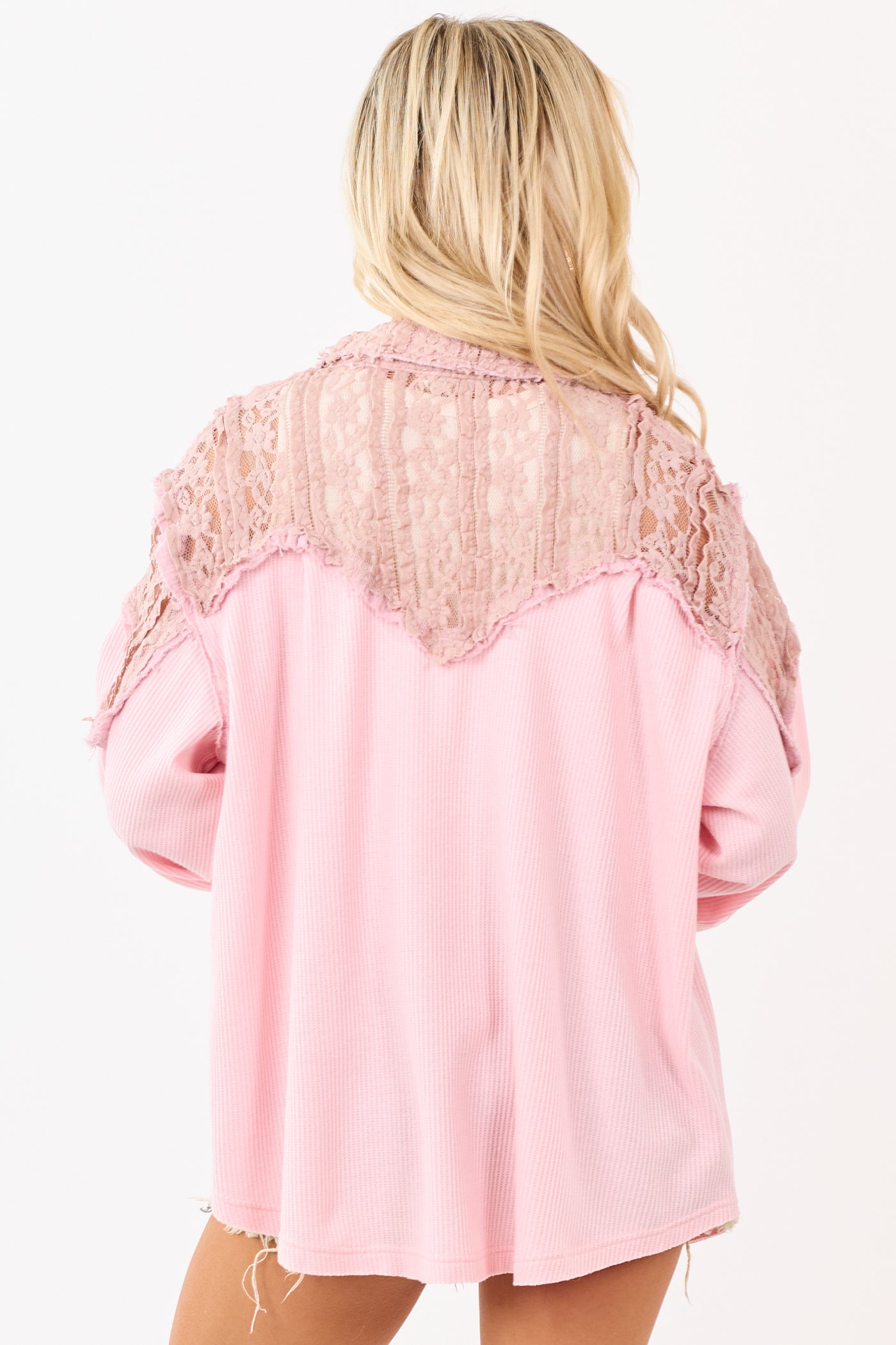 POL Cherry Blossom Rib Knit Lace Shoulder Top