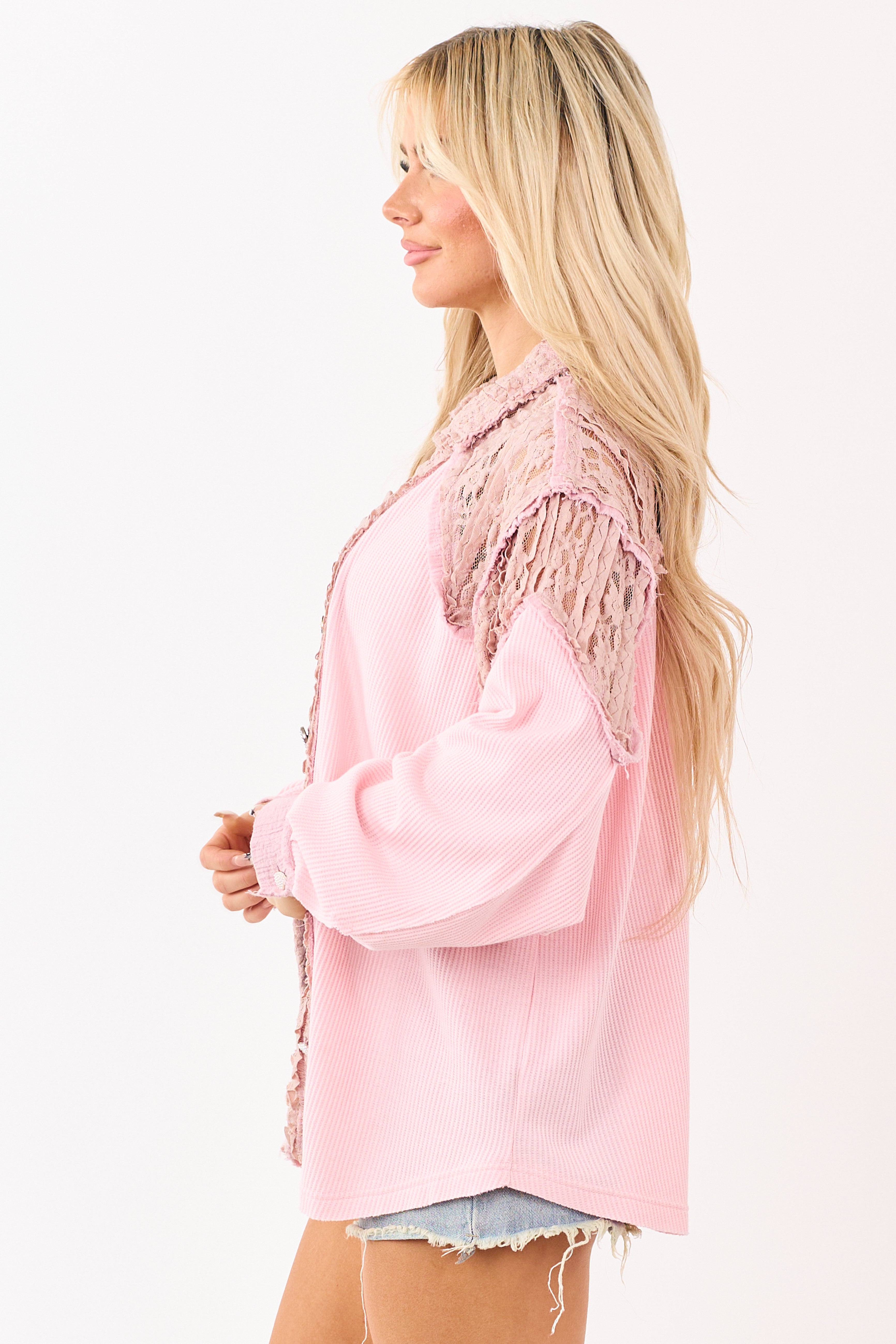 POL Cherry Blossom Rib Knit Lace Shoulder Top