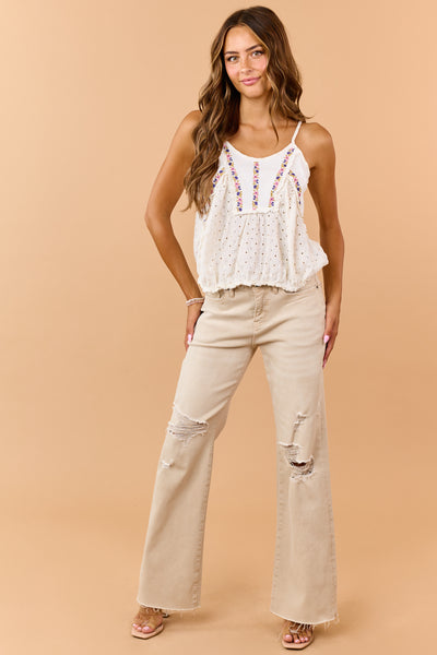 POL Coconut Cotton Floral Embroidered Cami Top