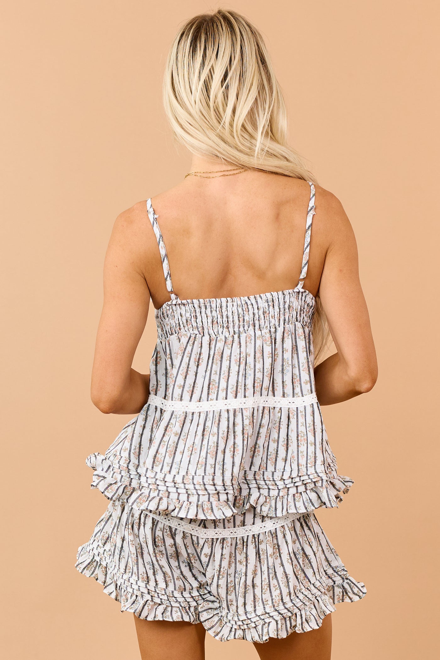 POL Coconut Striped Floral Button Down Cami Top