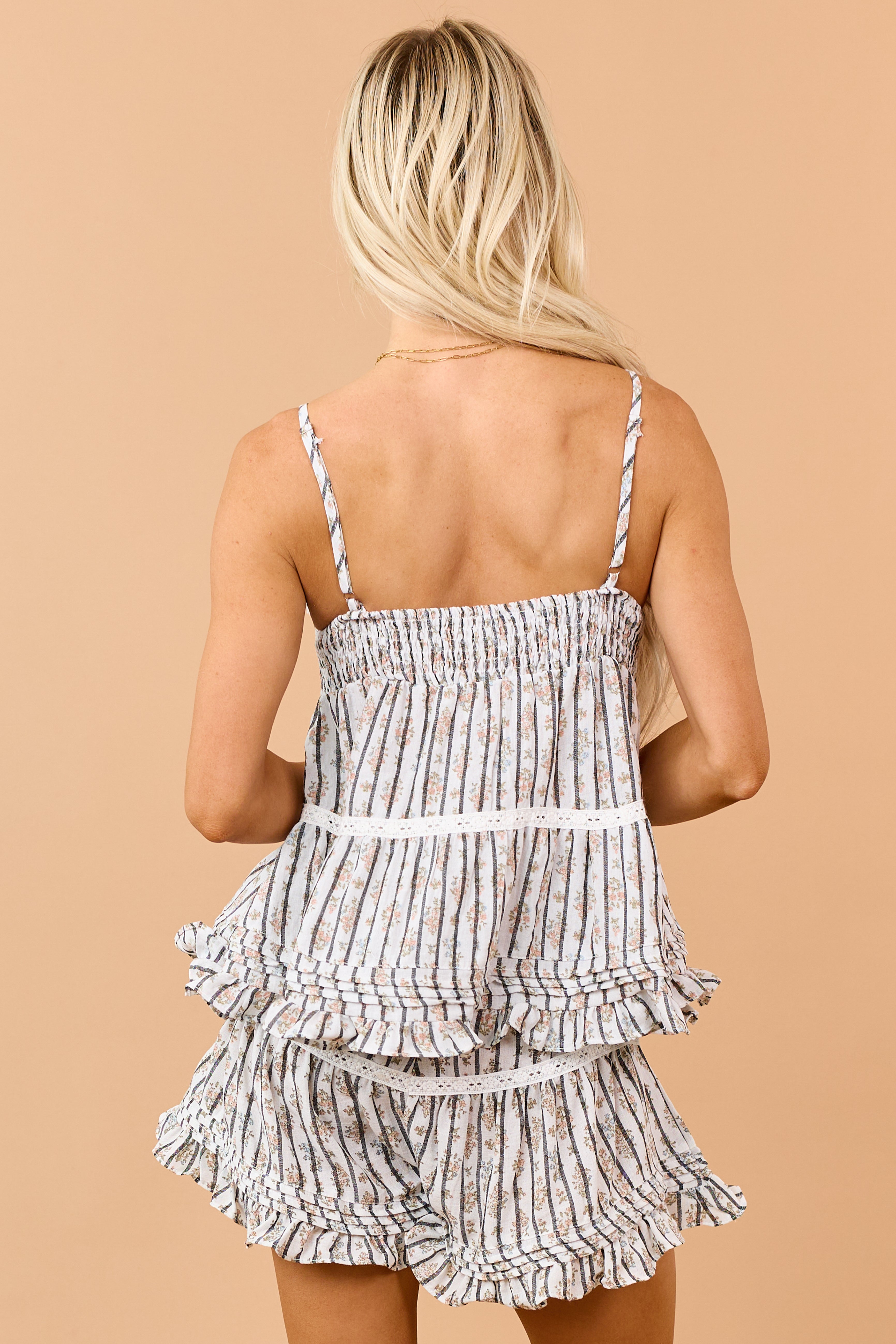 POL Coconut Striped Floral Button Down Cami Top
