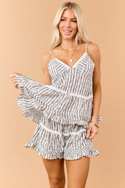 POL Coconut Striped Floral Lace Contrast Shorts
