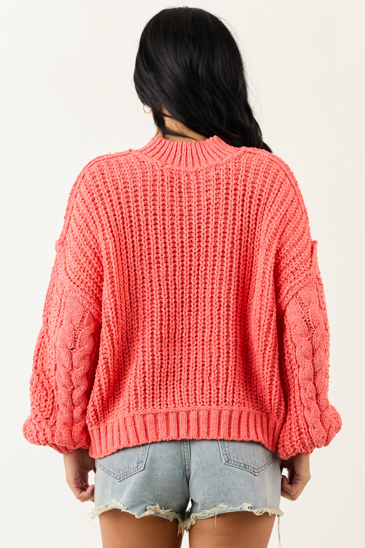 POL Coral Mock Neck Bubble Sleeve Cable Knit Sweater