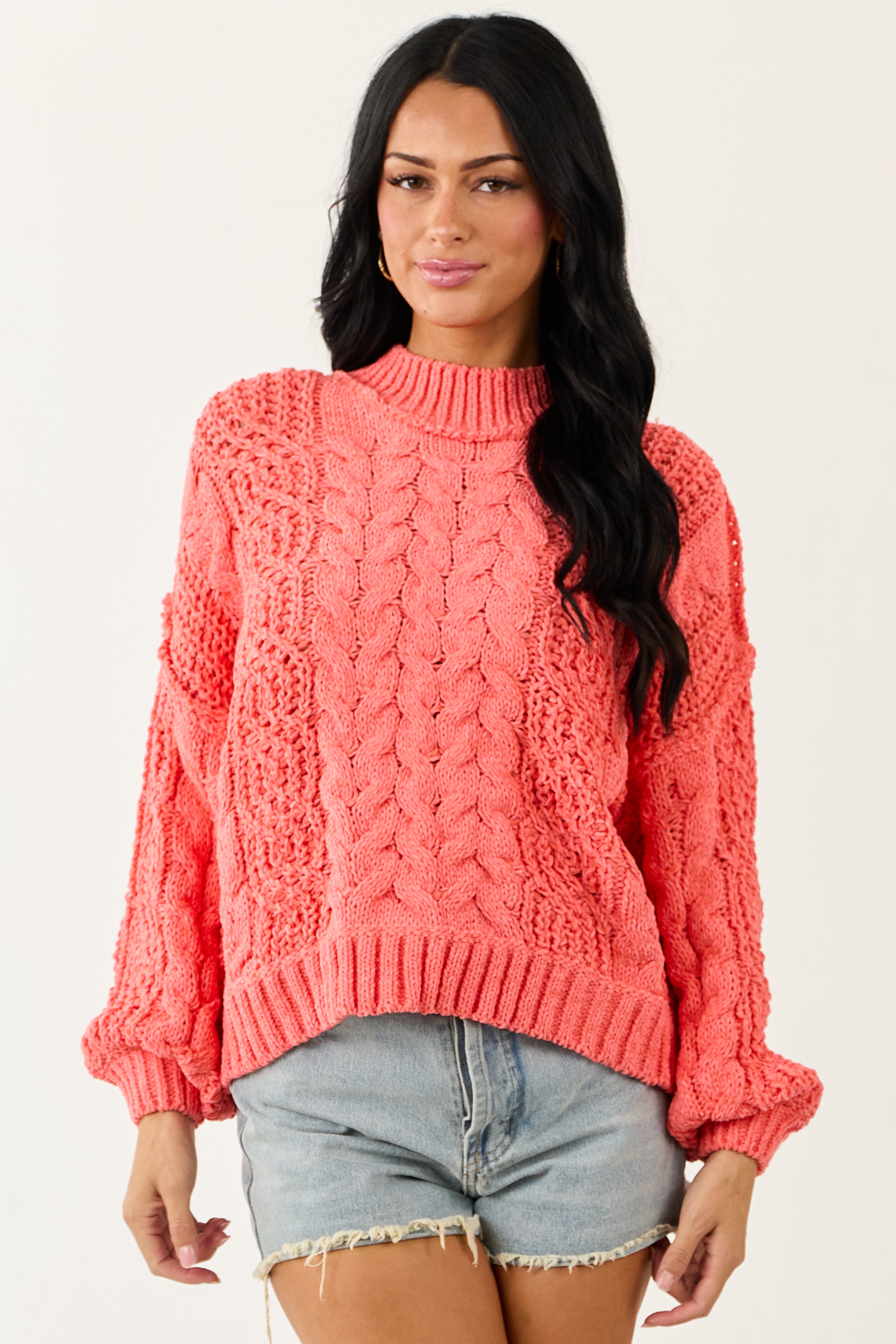 POL Coral Mock Neck Bubble Sleeve Cable Knit Sweater