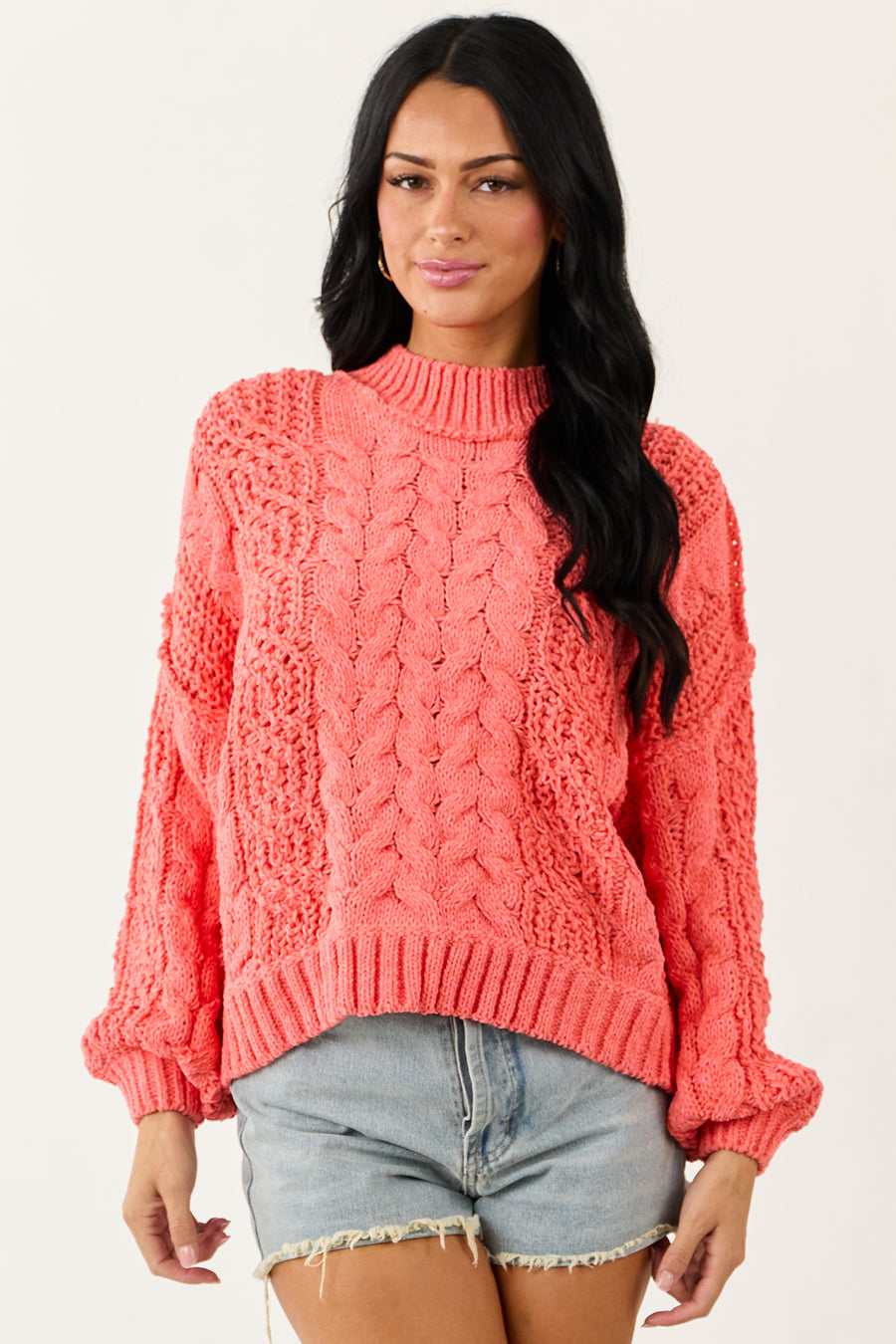 POL Coral Mock Neck Bubble Sleeve Cable Knit Sweater