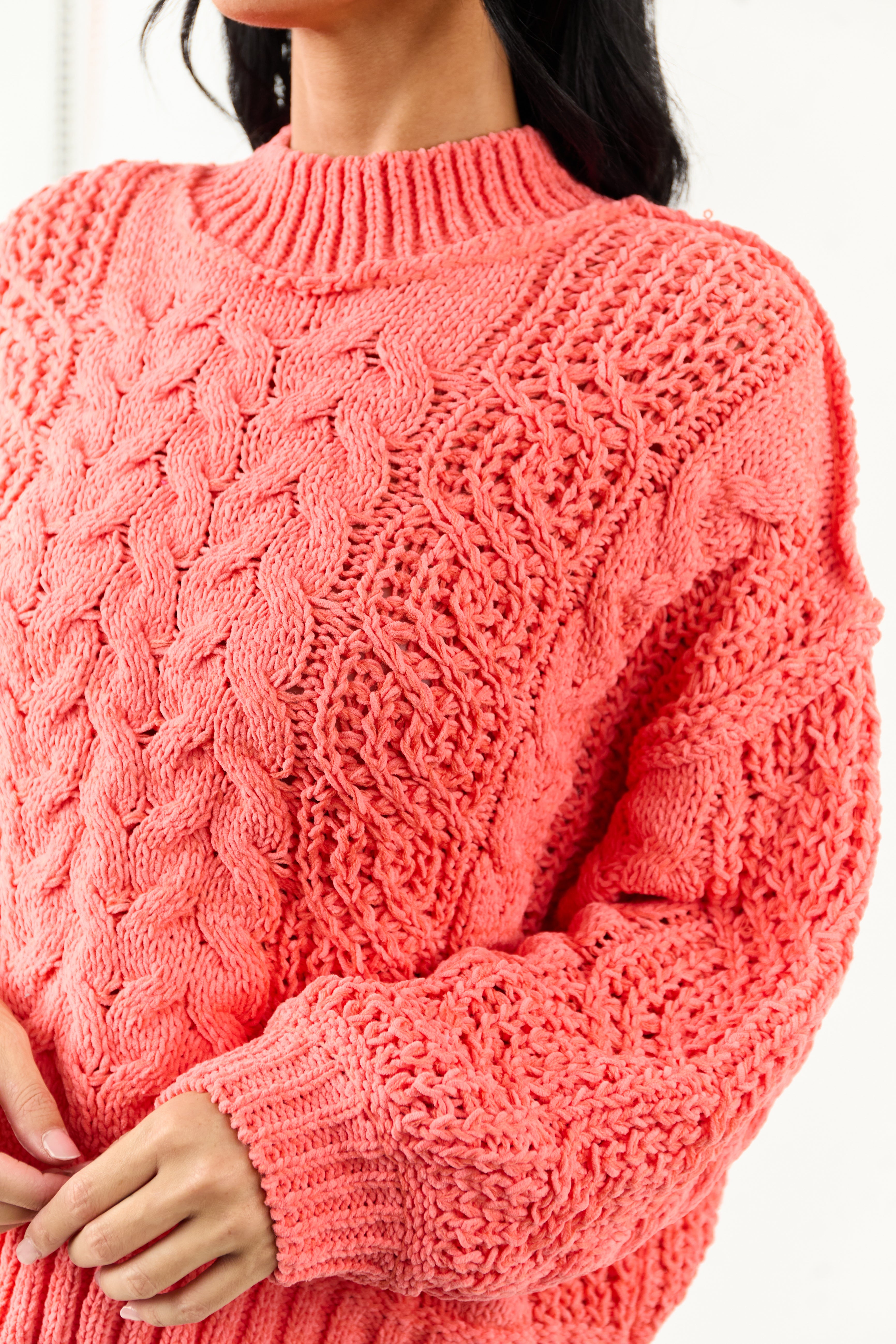 POL Coral Mock Neck Bubble Sleeve Cable Knit Sweater