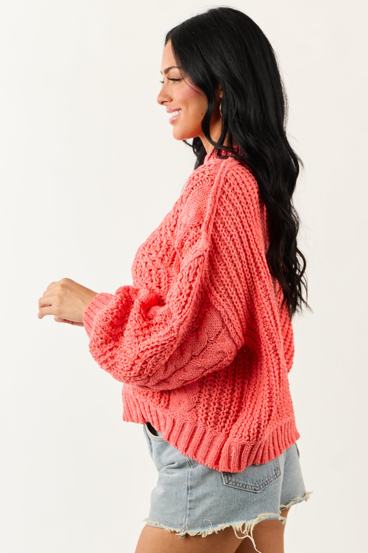 POL Coral Mock Neck Bubble Sleeve Cable Knit Sweater