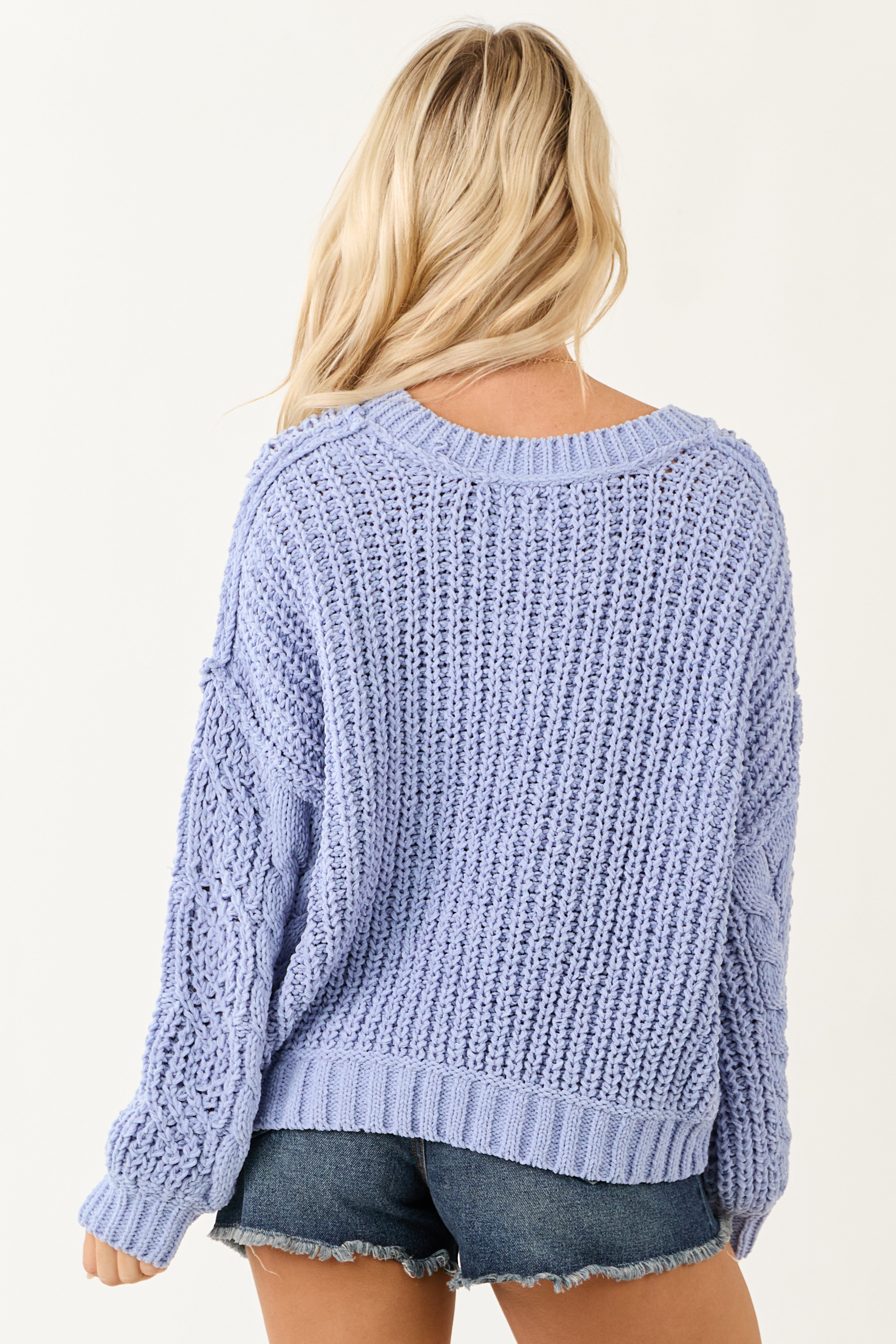 POL Cornflower Bubble Sleeve Cable Knit Sweater