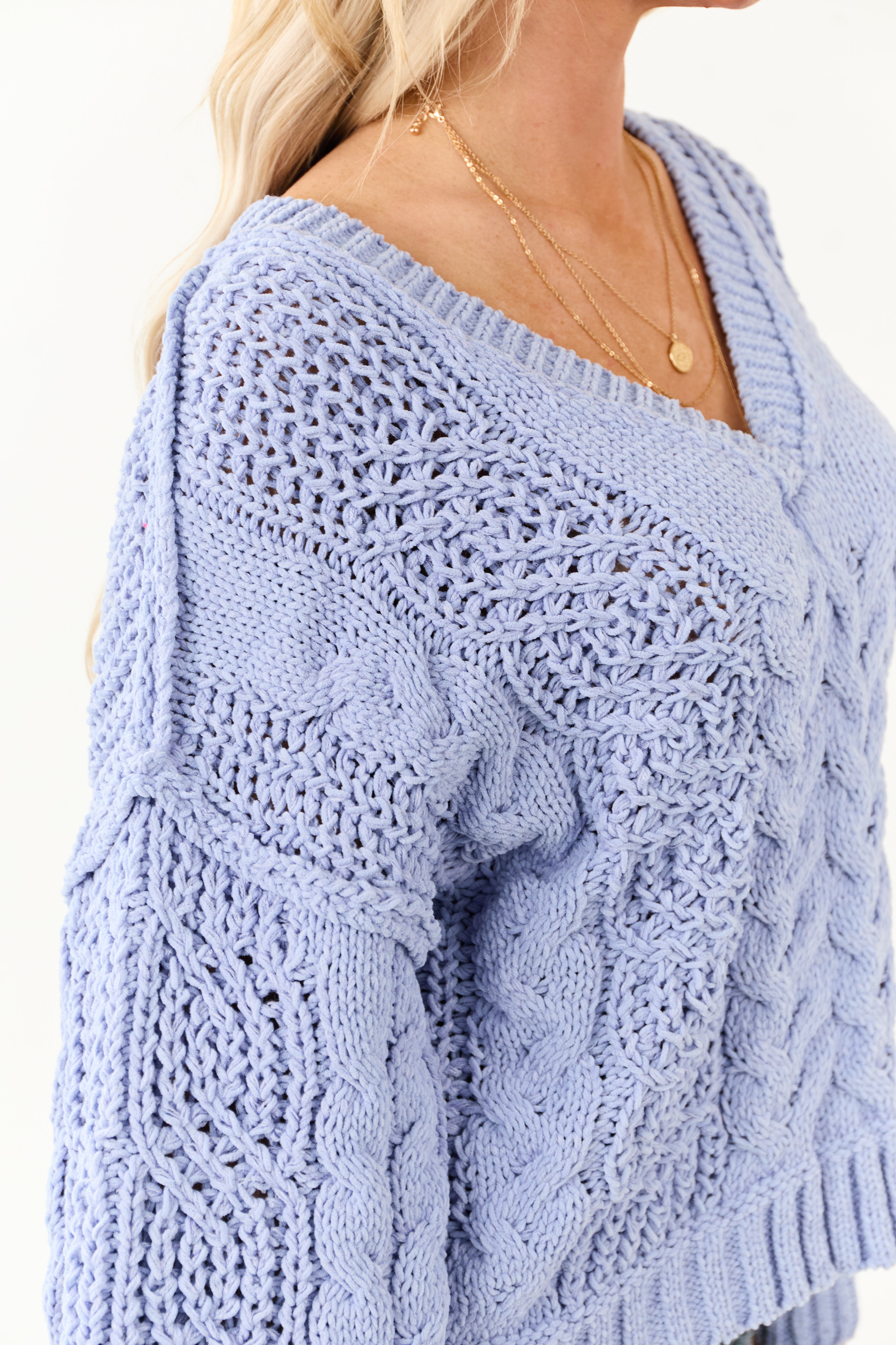 POL Cornflower Bubble Sleeve Cable Knit Sweater
