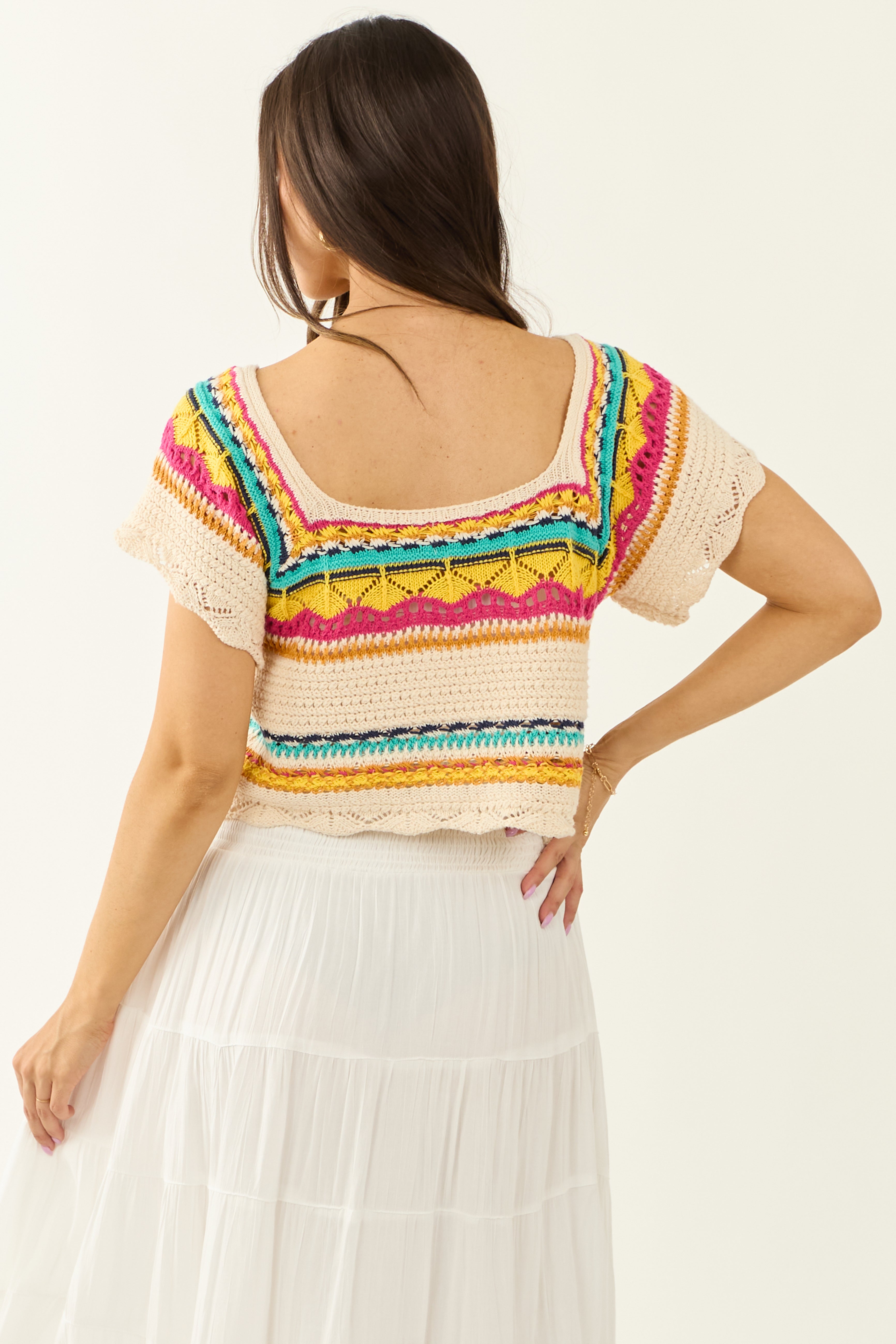 POL Cream Multi Striped Short Sleeve Crochet Top | Lime Lush Boutique