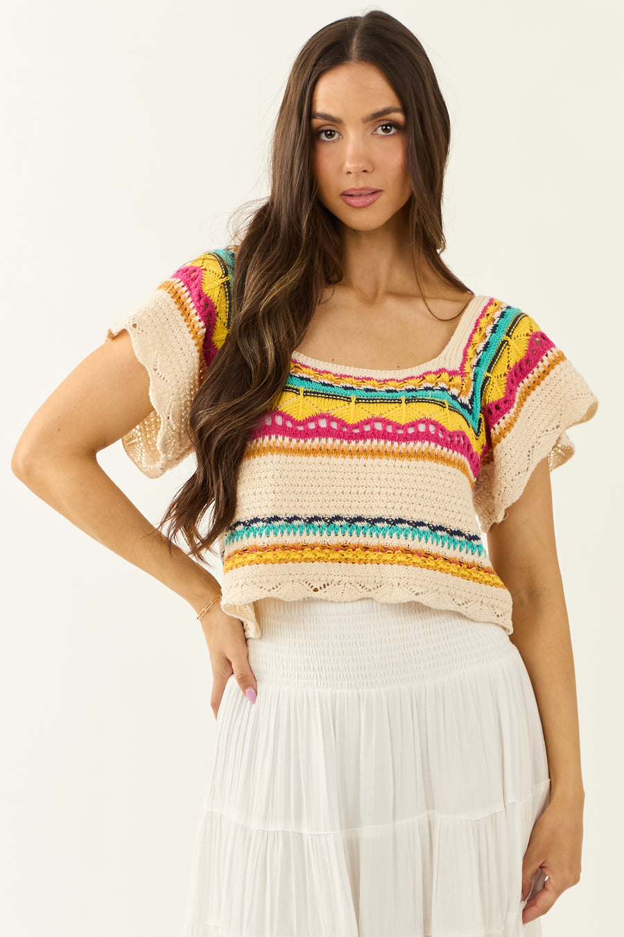 POL Cream Abstract Print Short Sleeve Knit Top