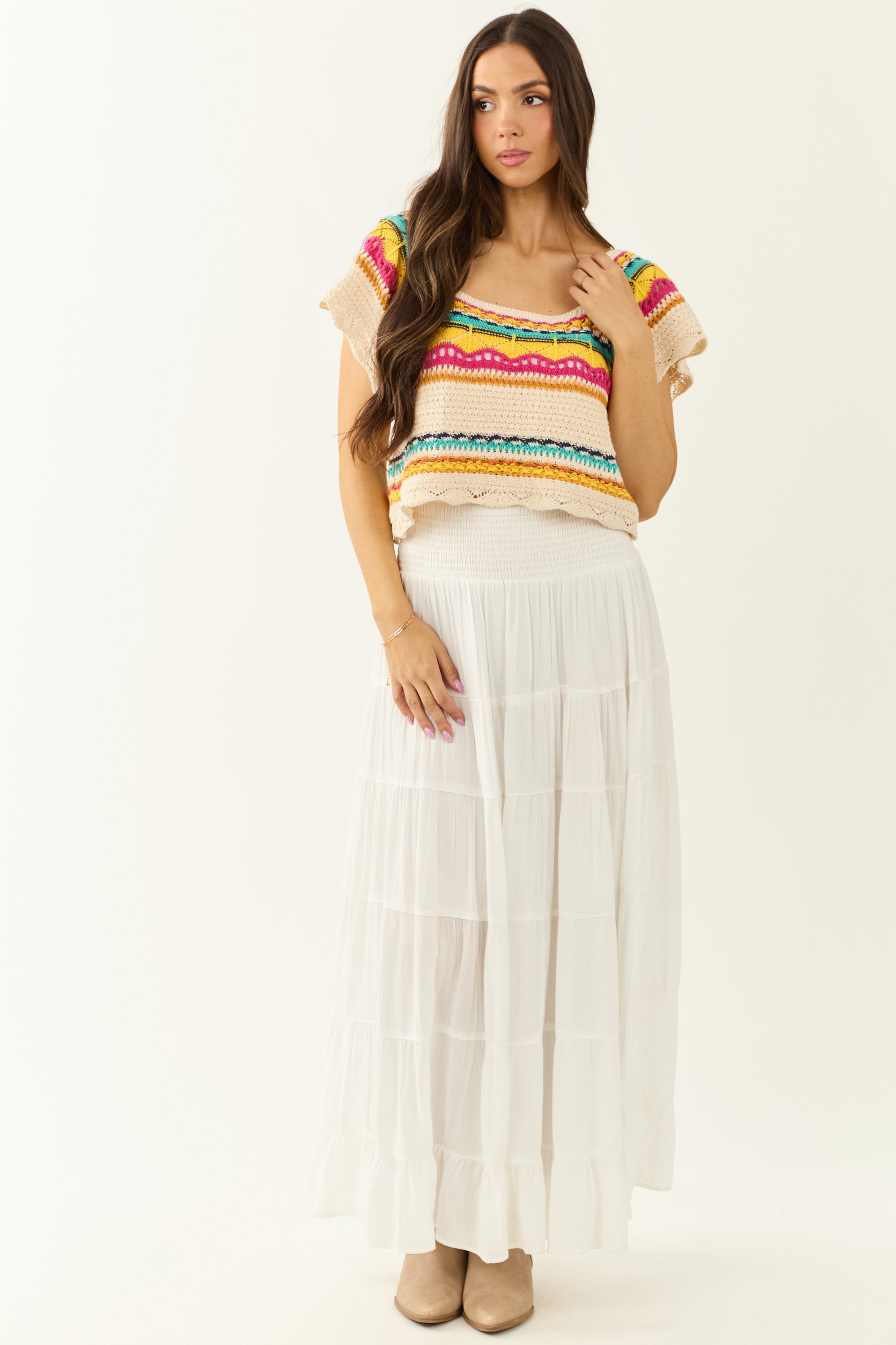 POL Cream Abstract Print Short Sleeve Knit Top